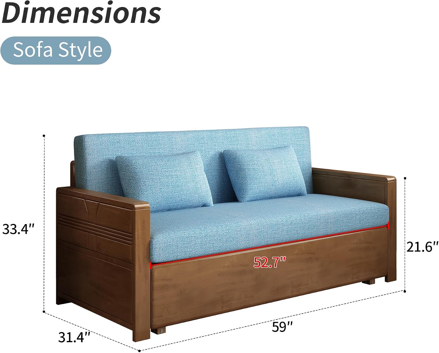 59' Convertible Sofa Sleeper,Blue Soft Cushion sectional Sleeper Couch with Reversible Chaise,solidwood Bed 3 in 1 Pull Out Couch,Walnut Color Sofa for livingroom,Apartment,Bedroom,Office