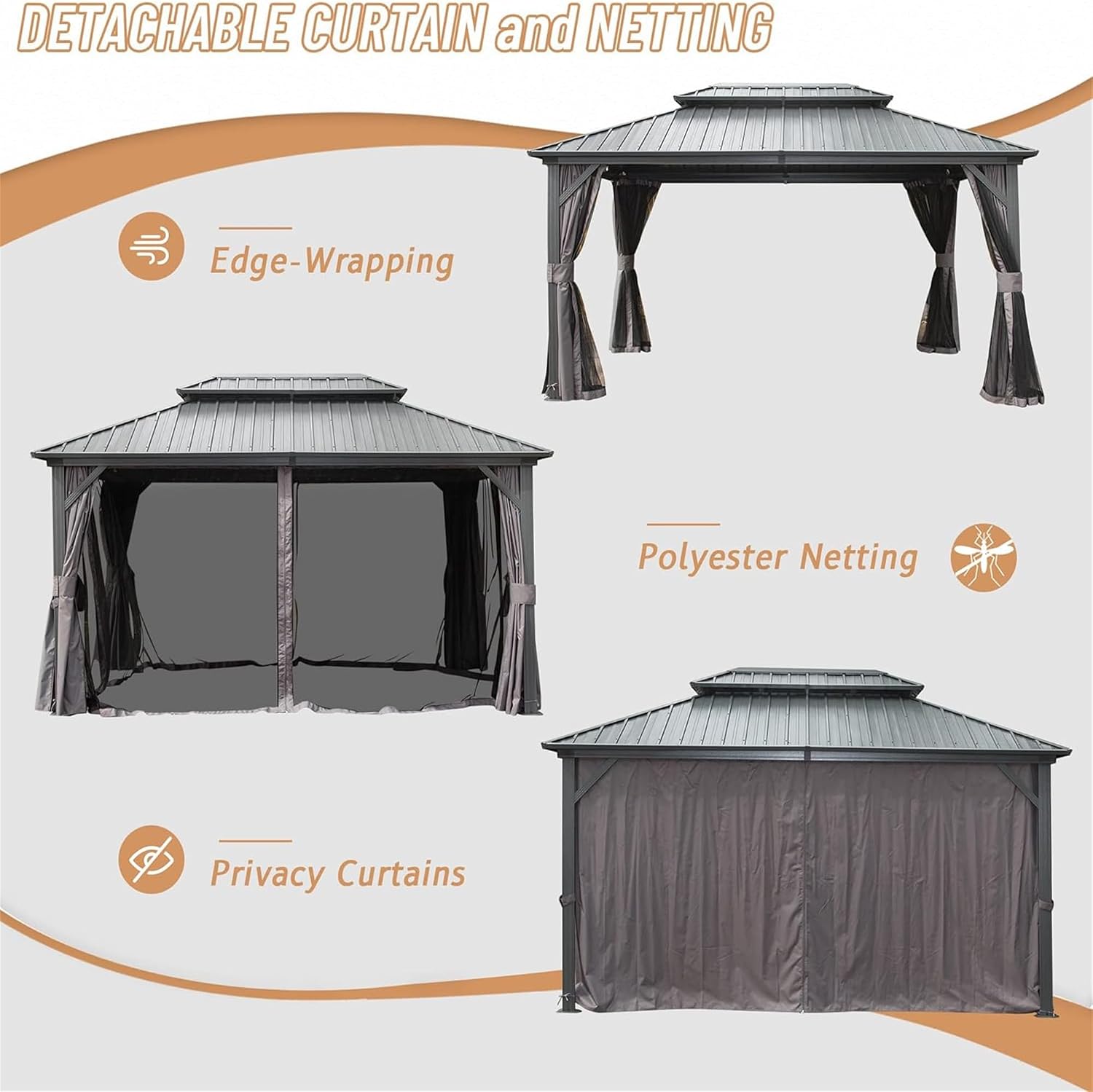 GOWE 12' X 16' Hardtop Gazebo, Aluminum Metal Gazebo with Galvanized Steel Double Roof Canopy, Curtain and Netting, Permanent Gazebo Pavilion for Patio, Backyard, Deck, Lawn