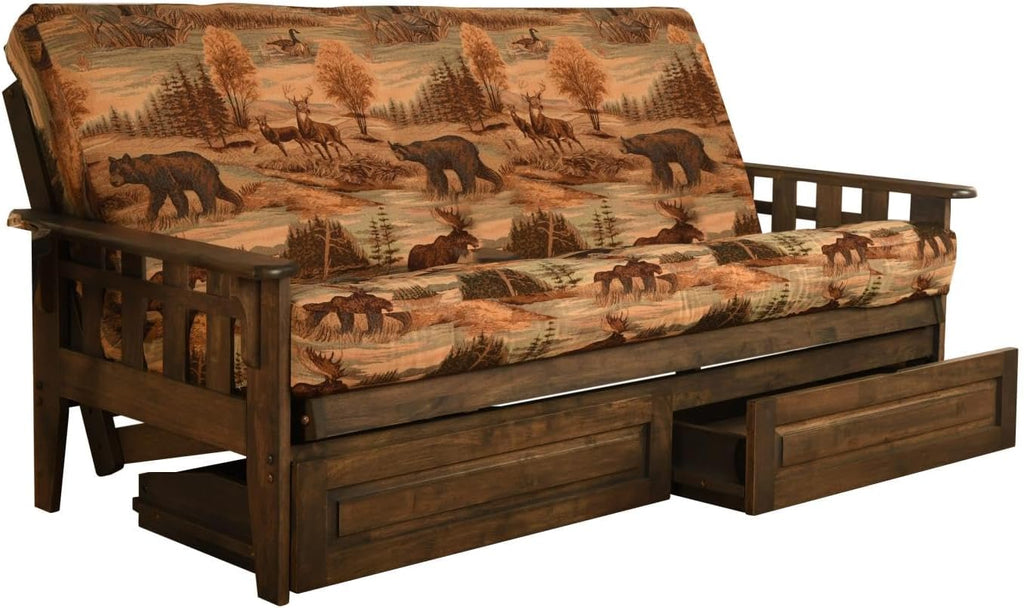 FutonX Rustic Walnut Frame and Mattress Set with Choice to add Drawers, 8 Inch Innerspring Futon Sofa Bed Full Size Wood (Kodiak Bear Matt, Frame and Drawers)