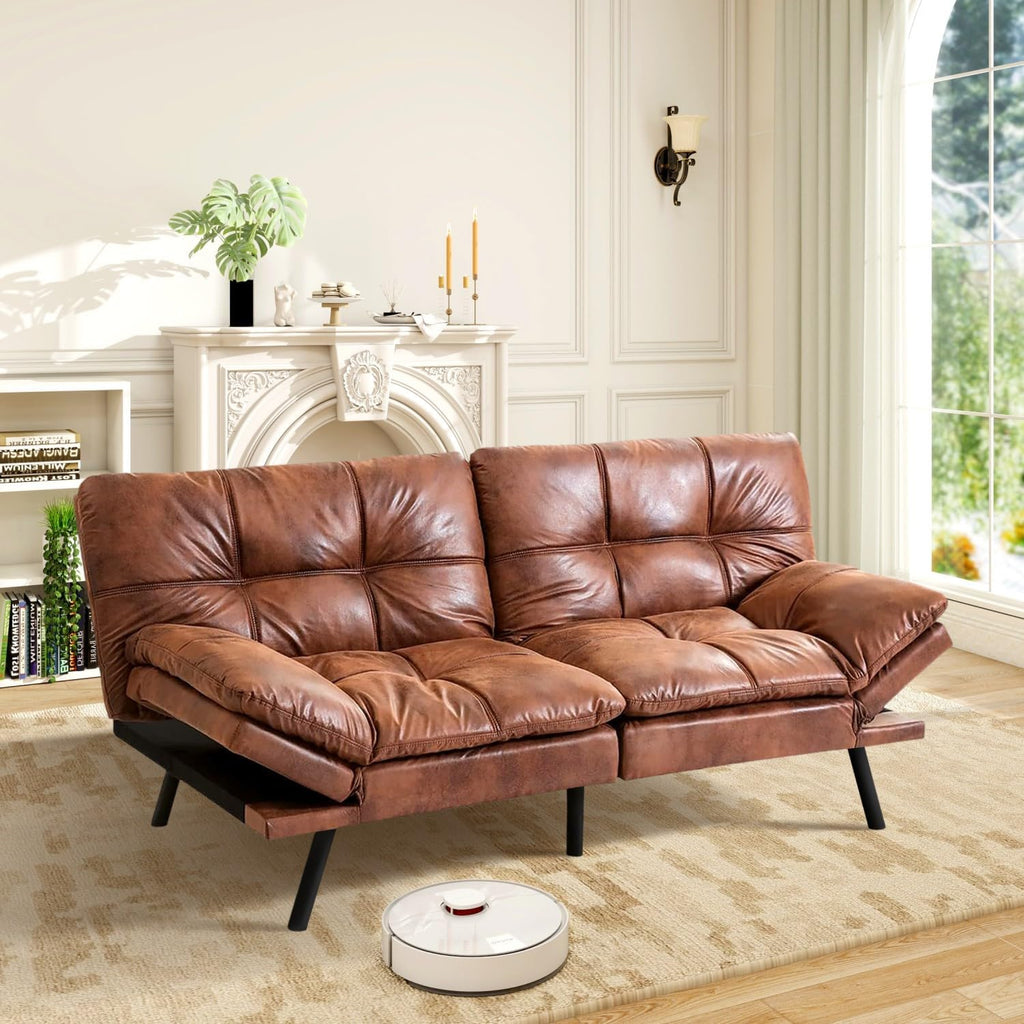 MUUEGM Brown Futon Sofa Bed Leather Memory Foam Modern Office Couch Sleeper Bed Convertible Love seat Sofa for Small Spaces,Apartment,Office with Adjustable Armrest Backrest