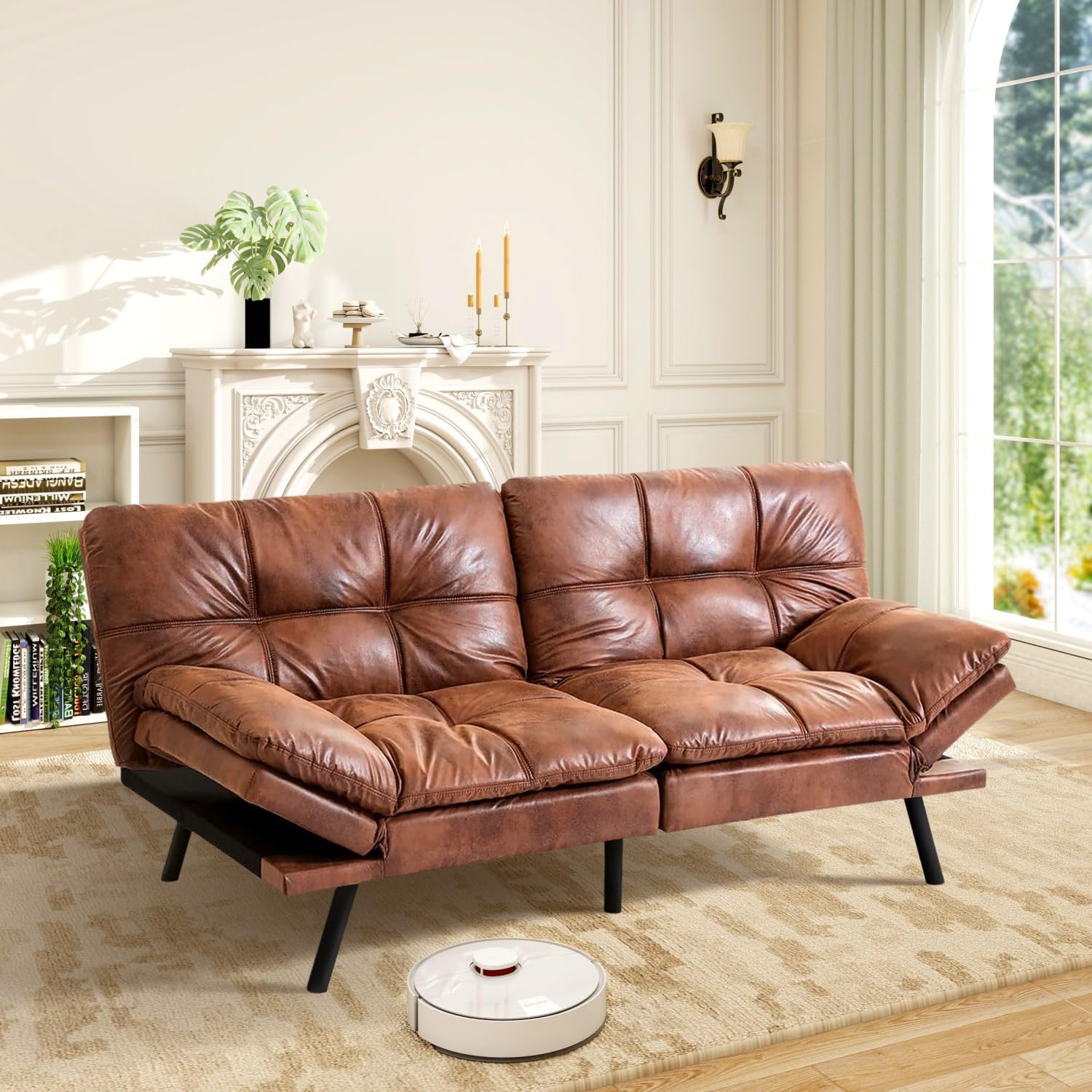 MUUEGM Brown Futon Sofa Bed Leather Memory Foam Modern Office Couch Sleeper Bed Convertible Love seat Sofa for Small Spaces,Apartment,Office with Adjustable Armrest Backrest