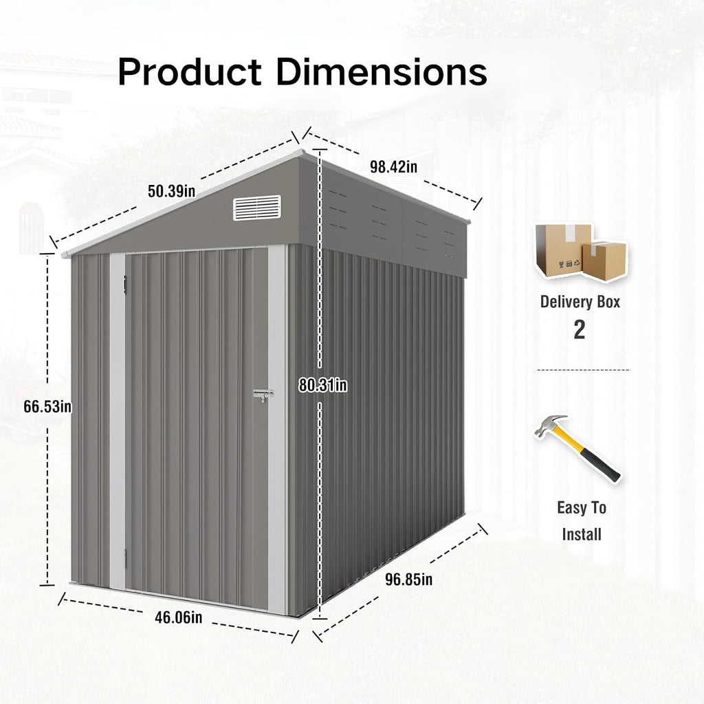 8x4 FT Outdoor Storage Shed with Single Hinge Door, Metal Shed with Air Vents and Waterproof for Backyard Garden, Patio，Poolside, Dark Gray