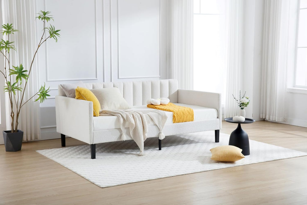 GDFStudio Twin Size Upholstered Daybed, Futon Sofa Bed Ribbed Tufted Backrest Lavish Modern Design, Couch Bed Frame for Bedroom Living Room Guest Room Apartment,Ivory Boucle