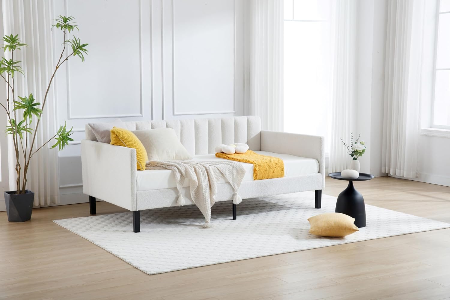 GDFStudio Twin Size Upholstered Daybed, Futon Sofa Bed Ribbed Tufted Backrest Lavish Modern Design, Couch Bed Frame for Bedroom Living Room Guest Room Apartment,Ivory Boucle