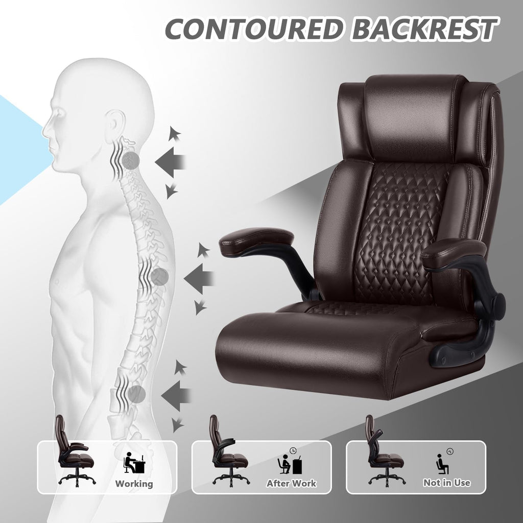 OFIKA Executive Office Chair Heavy Duty Office Chair Padded Flip Up Armrest, Computer Gaming Chair PU Leather Desk Chair, High Back Big and Tall Office Chair with Lumbar Support (Brown)