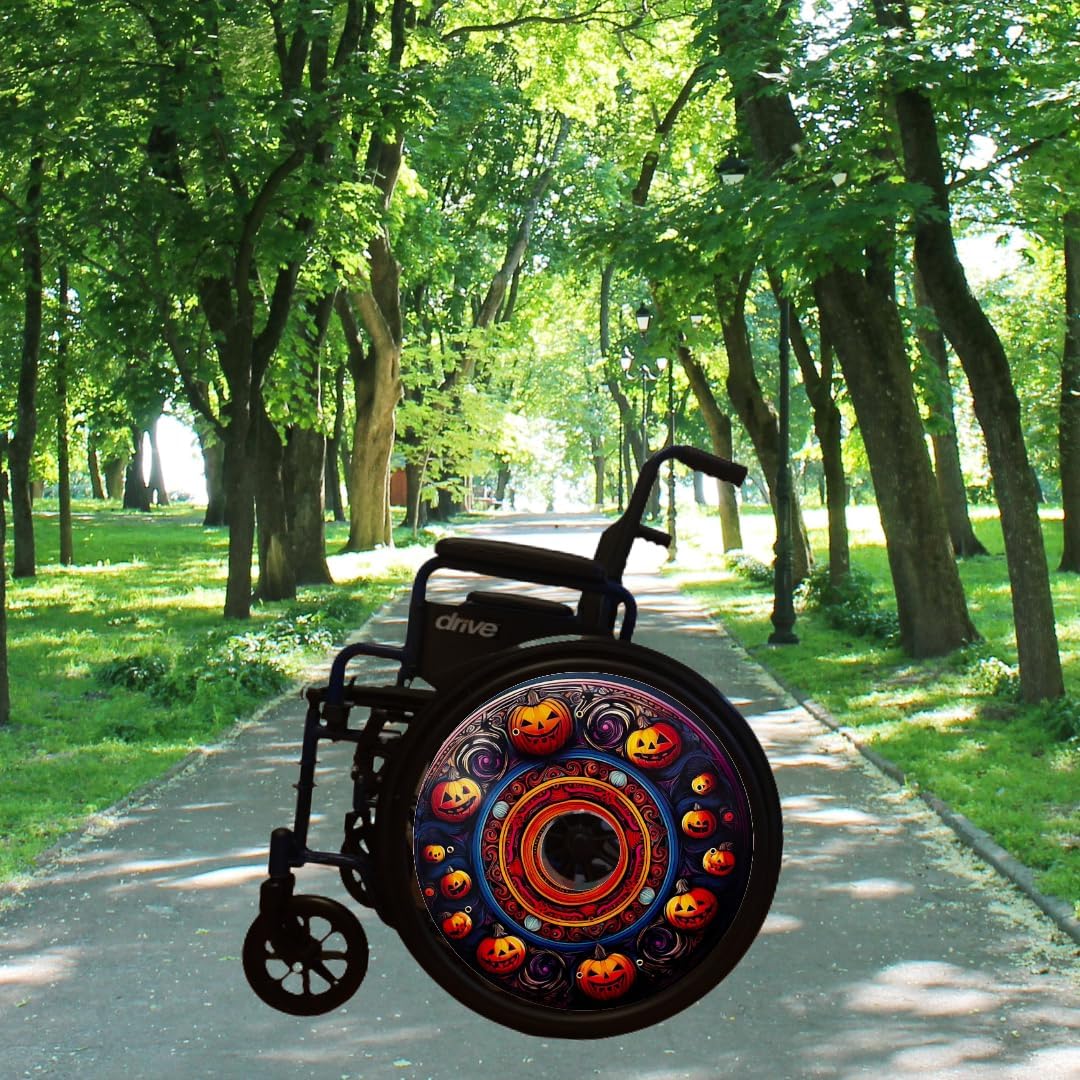 Designer Halloween Wheelchair Wheel Covers – Spooky Laughing Pumpkin Theme | Wheelchair Accessories | Enhances Aesthetics, Easy Install/Remove, Lightweight, (Party Pumpkin)