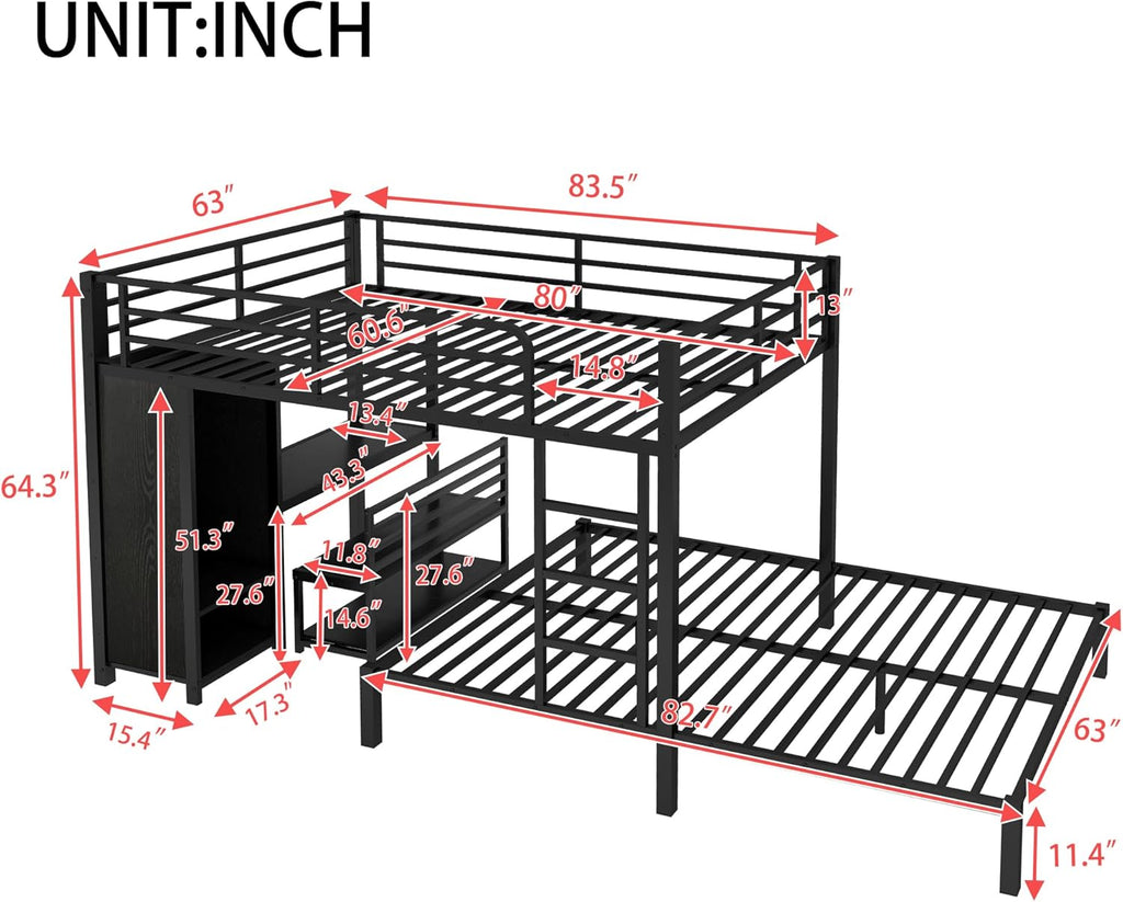 Bellemave Queen bunk Bed, Queen loft Bed with Desk and Shelves and Wardrobe, Black