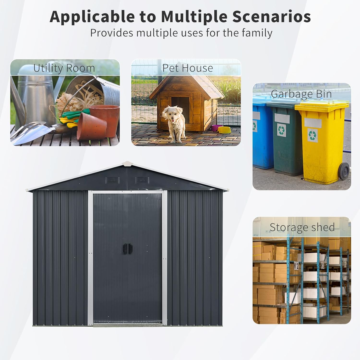 89in*47in Heavy-Duty Outdoor Metal Storage Shed with Floor Foundation & Window - Galvanized Steel Tool Shed, Tiny Home Backyard Solution w/Lock, Shelves & Anchors,Black White