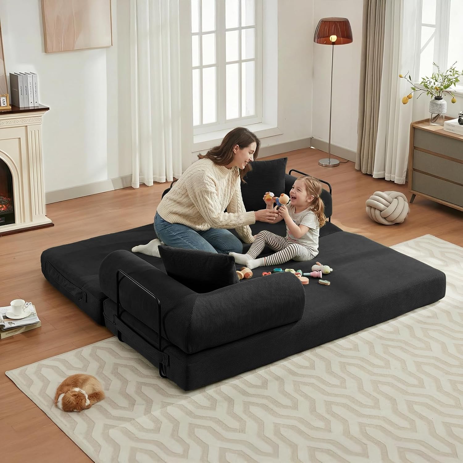 4-in-1 Convertible Folding Sofa Bed, 79' Oversized Corduroy Upholstered Boneless Couch, Loveseat Sleeper Sofa Bed, Floor Sofabed Modular Futon Couch for Living Room Bedroom Lounge (Black)