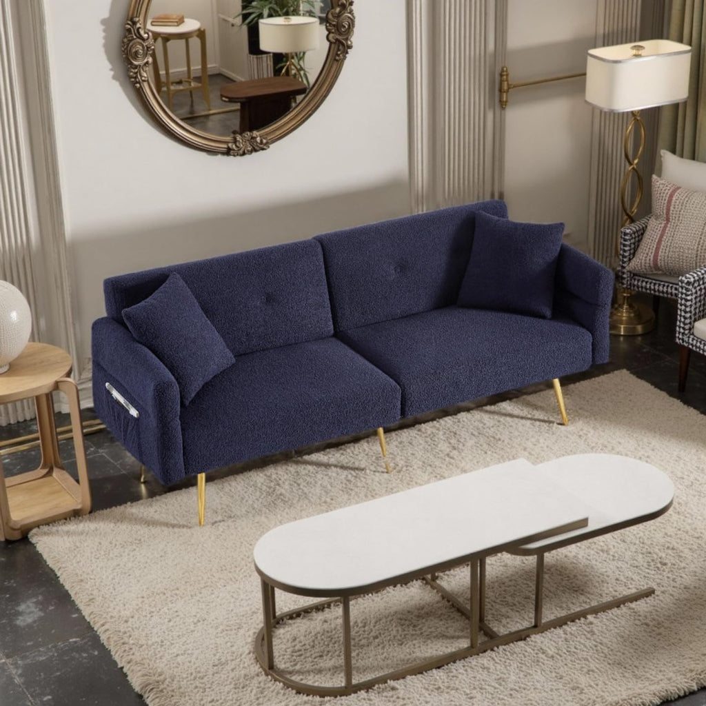 69.5' Convertible Futon Sofa Bed with Adjustable Backrest and Armrests, Teddy Upholstered Loveseat Sleeper Couch with 2 Pillows and Metal Legs Love Seat for Guest Room Living Room (Dark Blue)