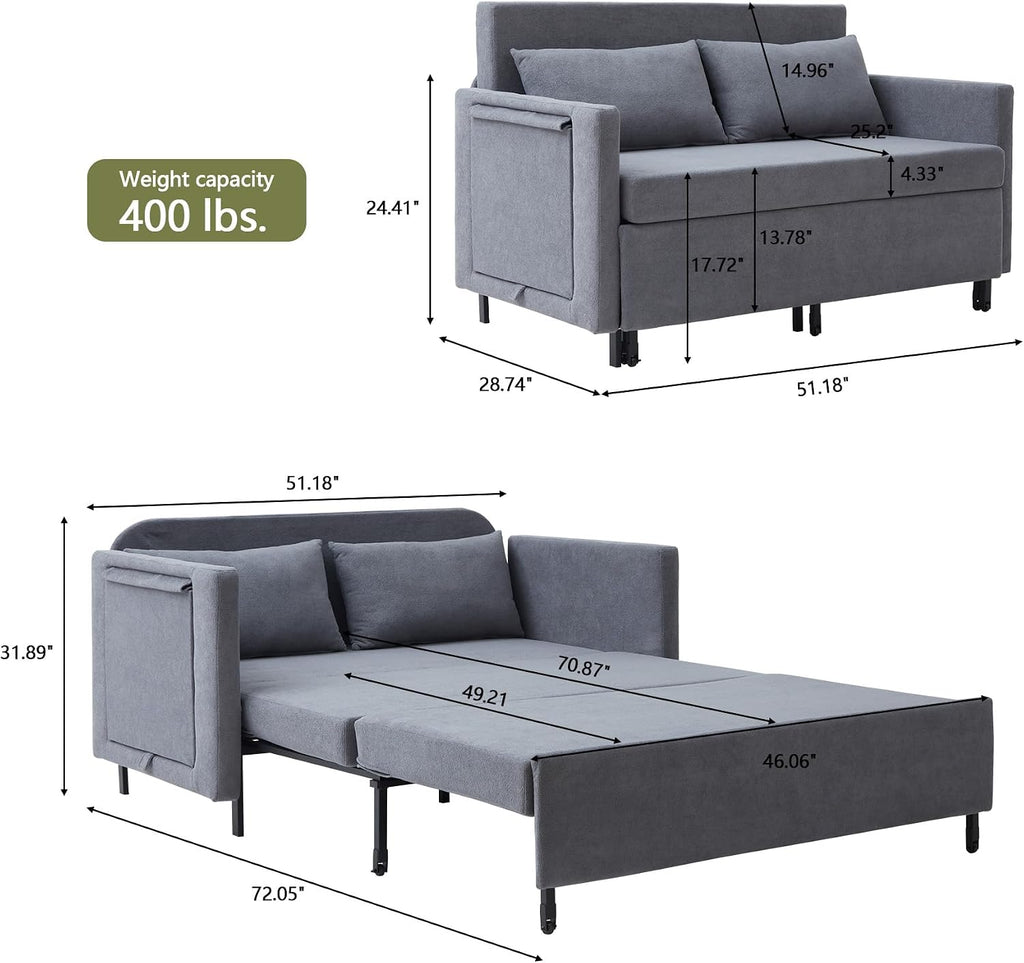 3-in-1 Sleeper Sofa Bed, 51'' Convertible Folding Couch with Pullout Bed, Chenille Futon Sleeper Sofa with Side Table and 2 Pillows, Modern Loveseat Couch for Living Room, Bedroom, Home Office (Grey)