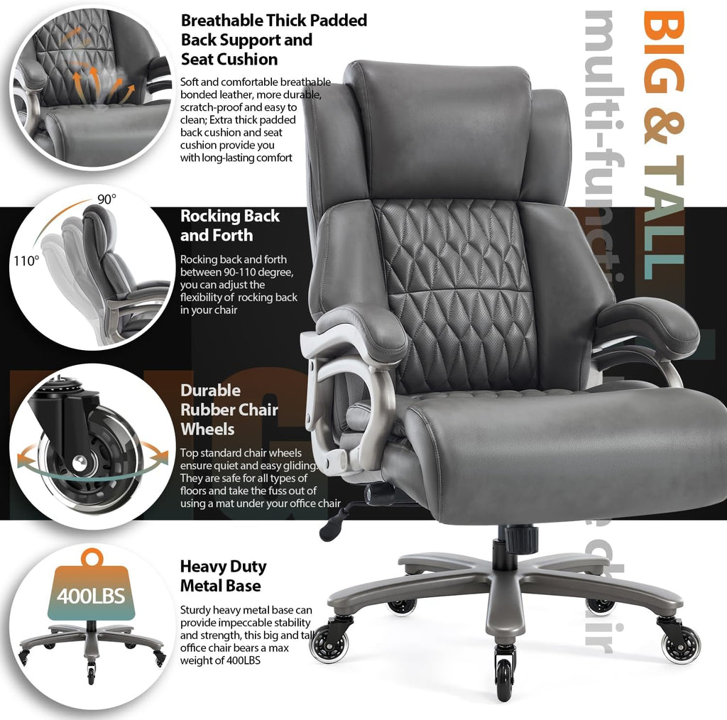 Big and Tall 400lbs Office Chair - Adjustable Lumbar Support Quiet Rubber Wheels Heavy Duty Metal Base, High Back Large Executive Computer Desk, Thick Padded Ergonomic Design for Back Pain