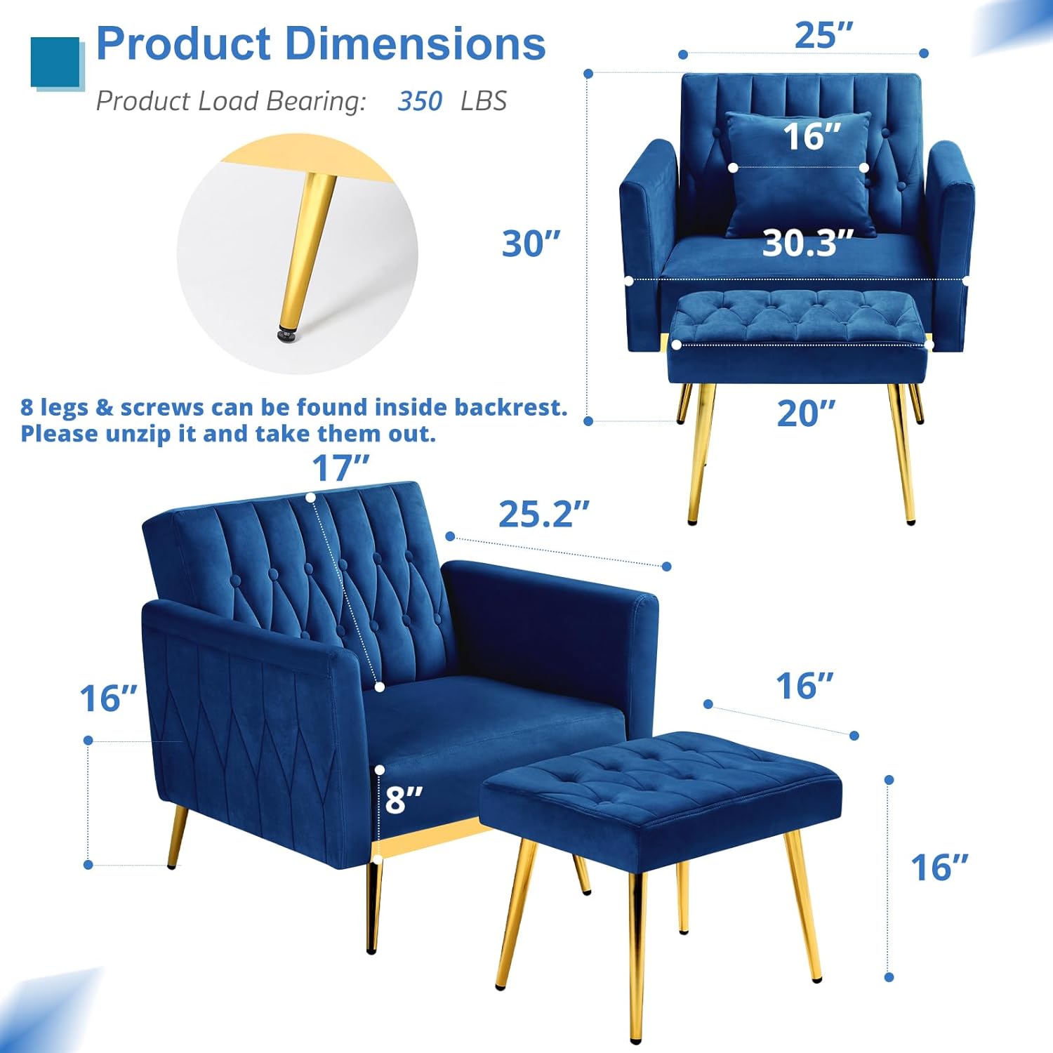 2 Pieces Velvet Futon Sofa Set with Adjustable Backrests and Armrests, 70' Convertible Sofa Bed & Tufted Accent Chair with Ottoman for Living Room, Blue