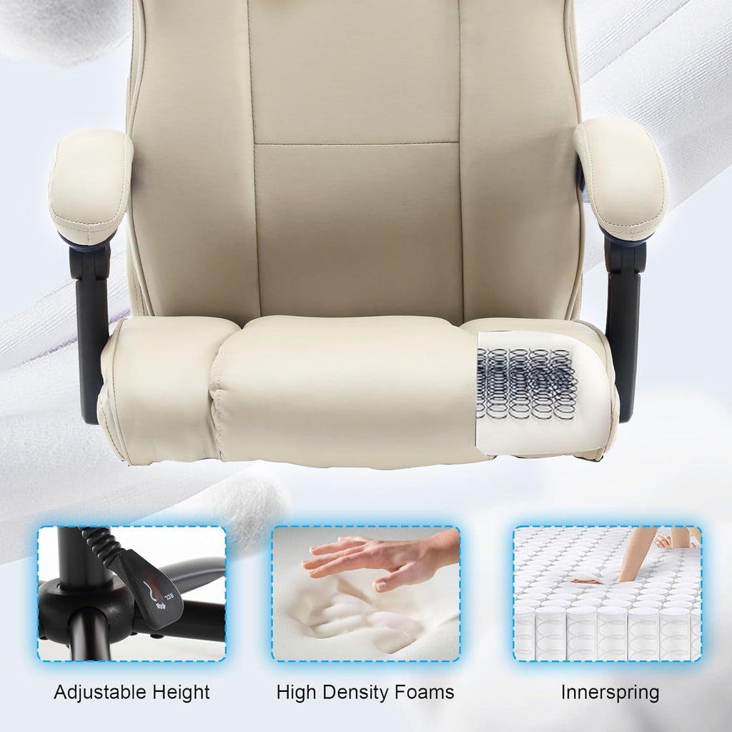 Ergonomic Reclining Office Chair with Footrest, PU Leather Comfortable Recliner Office Desk Chair with Leg Rest Wheels,Beige
