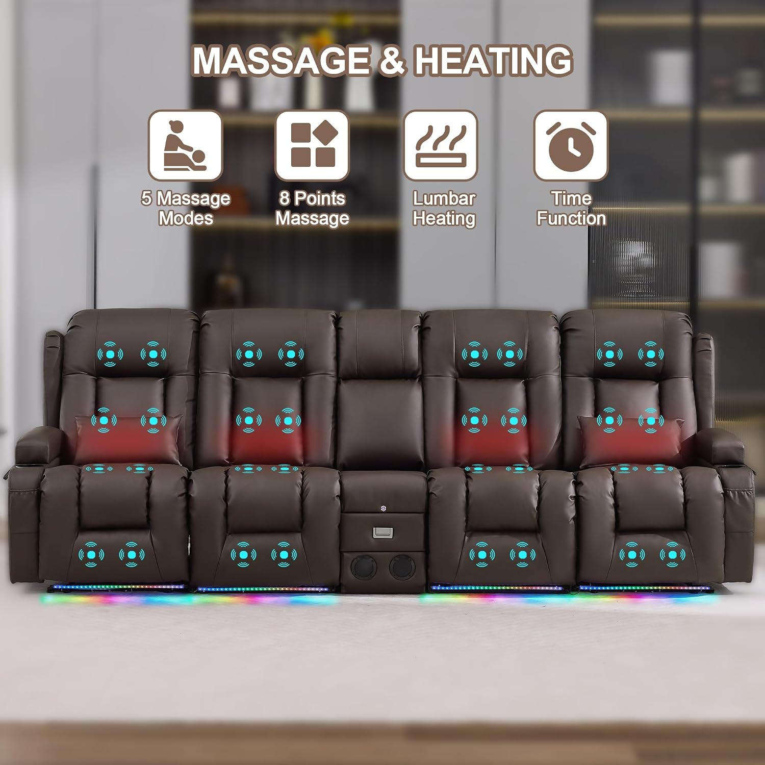 TUNYI Power Loveseat Recliner Sofa with Massage & Heat Home Theater Seating with Console RV Recliner Loveseat Sofa with USB/Storage/Side Pocket/LED Light/Speaker (Brown)
