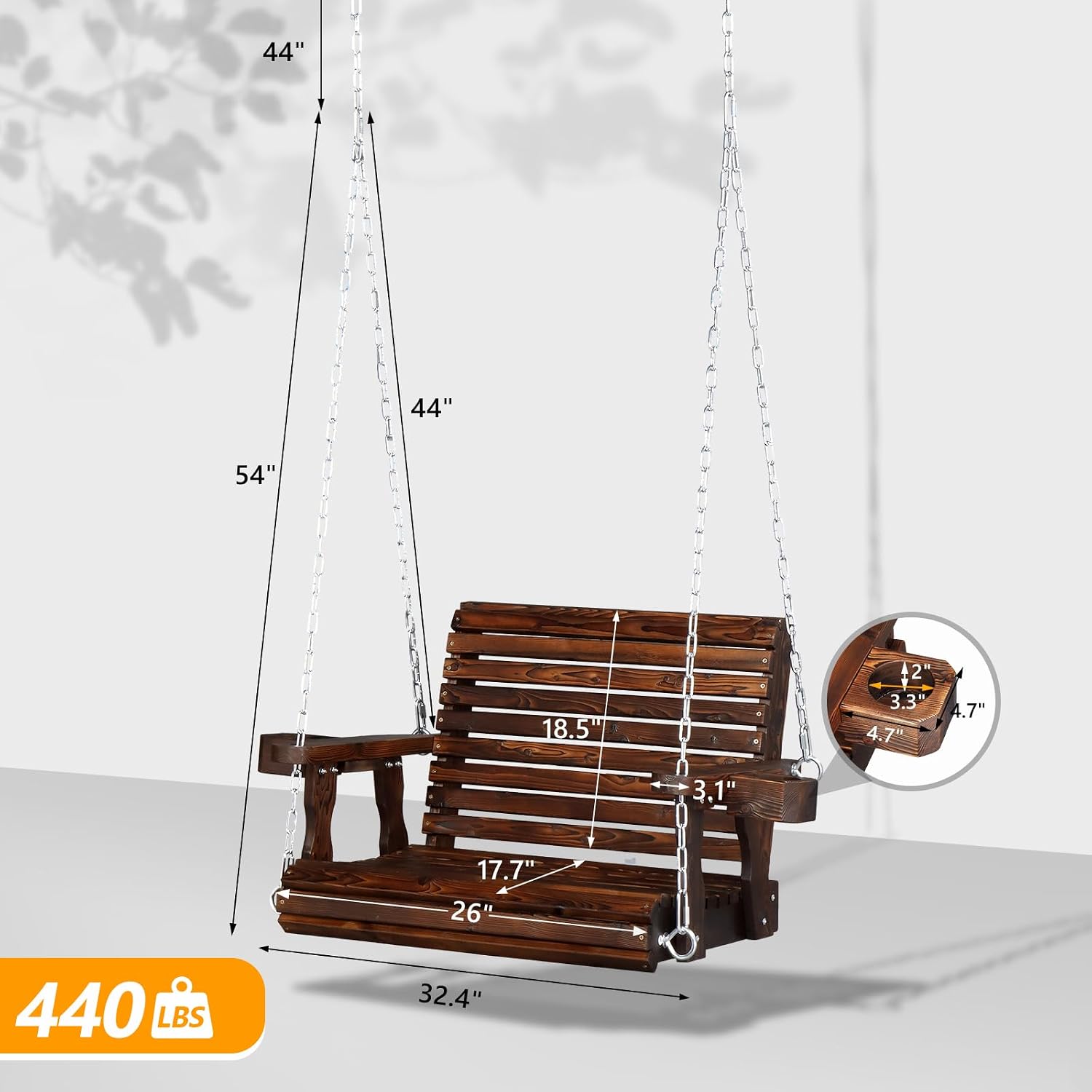 VINGLI Heavy Duty 440 LBS 1-Person Wooden Patio Porch Swing with Deeper Seat & Higher Backrest & Extra Cup Holder for Adults & Kids, Outdoor Single Porch Swing for Porch, Yard, Balcony, Tree (Rustic)