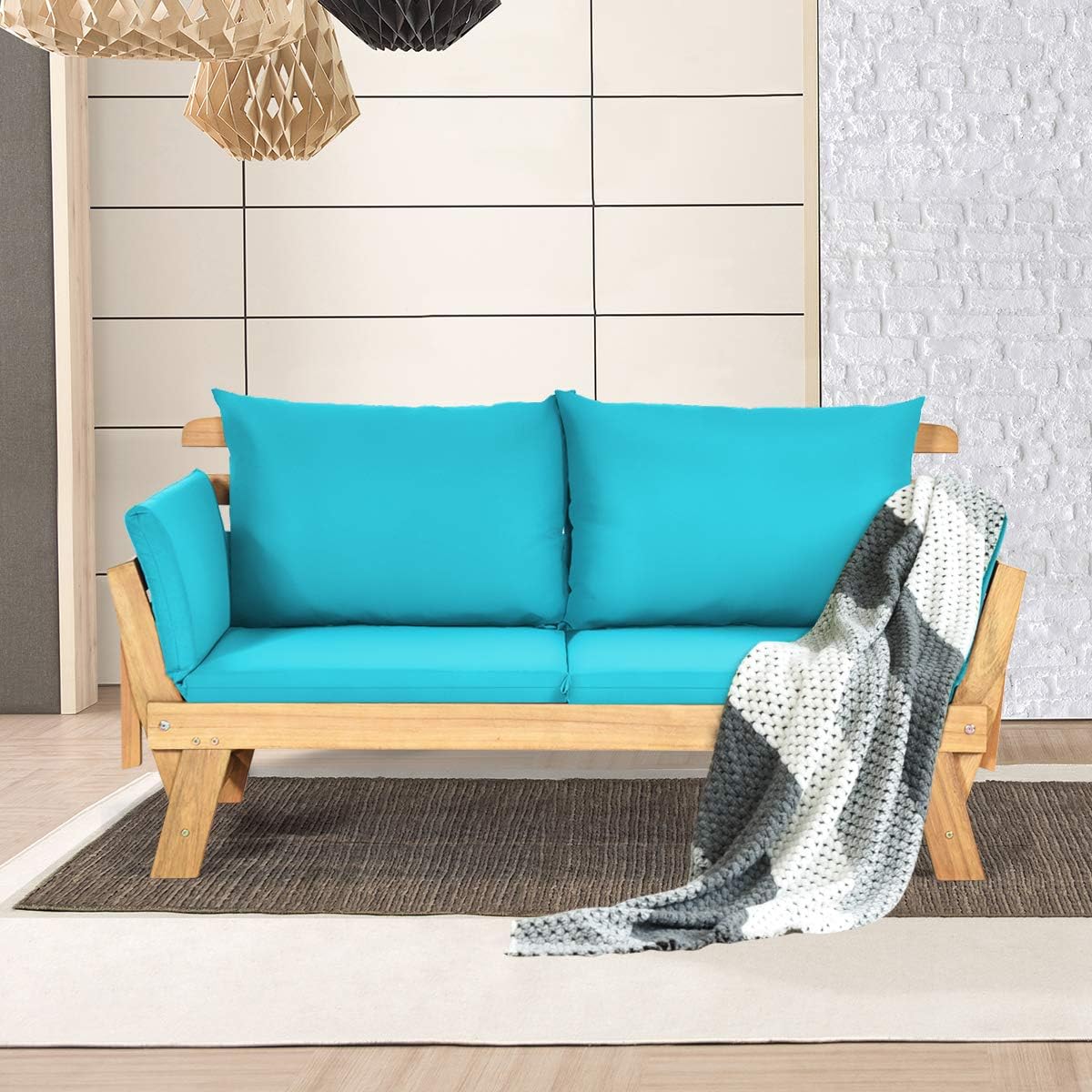Tangkula Convertible Acacia Wood Patio Couch Sofa Bed with Adjustable Armrest, Outdoor Daybed with Cushion & Pillows, Outside Folding Futon Sofa Couch Bench for Porch, Courtyard, Poolside & Garden