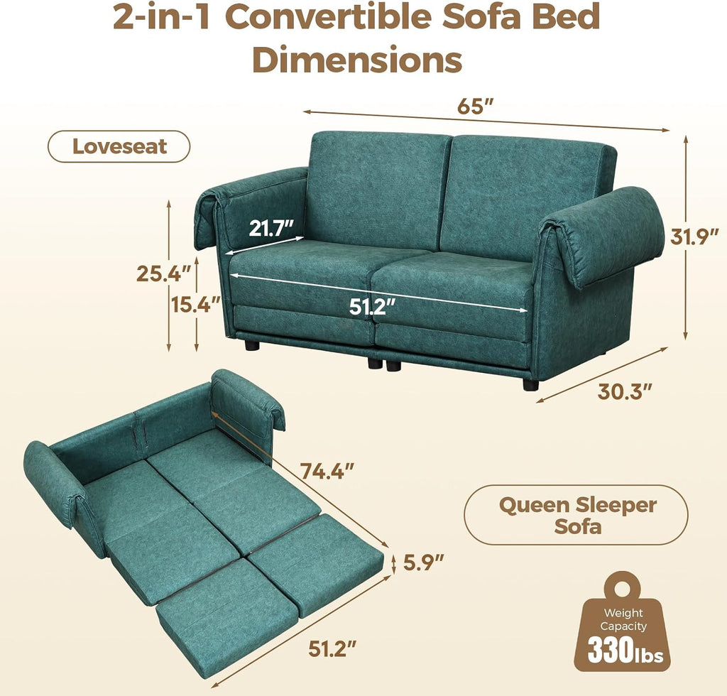 FHFO Convertible Couch Bed Queen, 65' Loveset Small Couch for Small Spaces, 3 in 1 Pull Out Sofa Bed Convertible Sleeper Sofa Comfy Sofabed for Living Room, Bedroom, Apartment (Green)