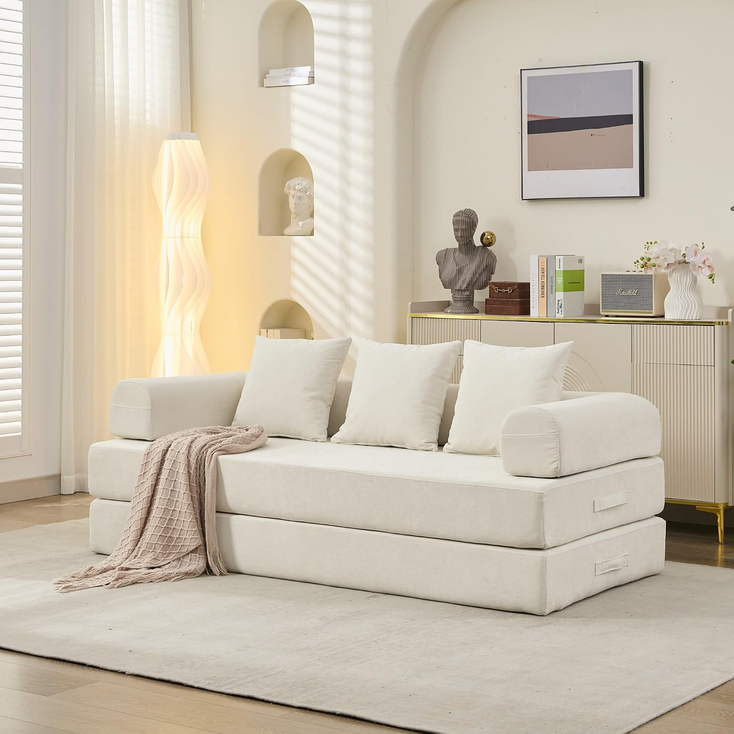 Deolme 3 in 1 Convertible Futon Sofa Bed, Modern King Size Chenille Loveseat Sleeper Sofa Folding, 3-Seater Foldable Lounger Couch Bed for Living Room, Bedroom Guest Room (Beige, 3 Throw Pillows)