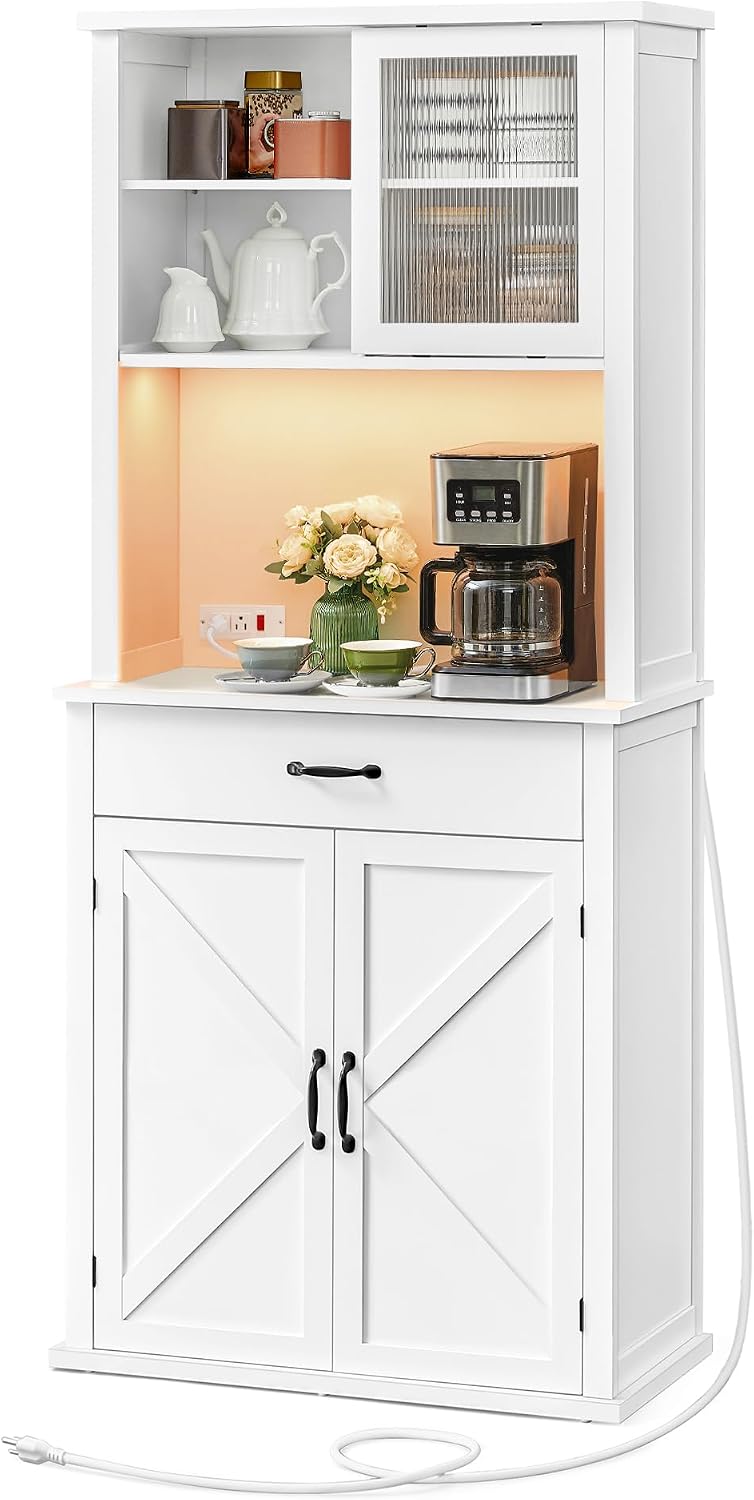 VASAGLE LIRY Collection - 71-Inch Tall Kitchen Pantry Cabinet with Lights and Charging Station, Coffee Bar Cabinet with Doors and Drawer, Farmhouse Style, Adjustable Shelves, Cloud White UBBK363W11