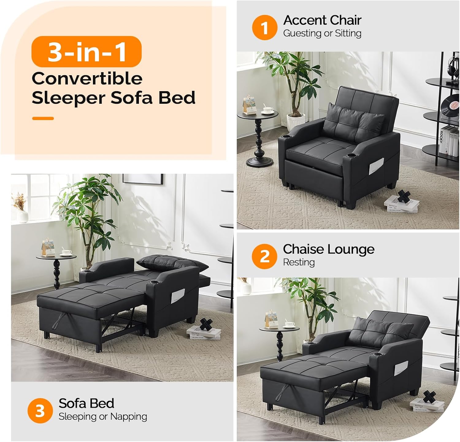 VINGLI Black Sleeper Chair Bed 3-in-1 Convertible Futon Sofa Bed Pull Out Couch Bed Adjustable Recliner Chair with USB Ports Cup Holders Side Pockets for Living Room Bedroom Small Spaces