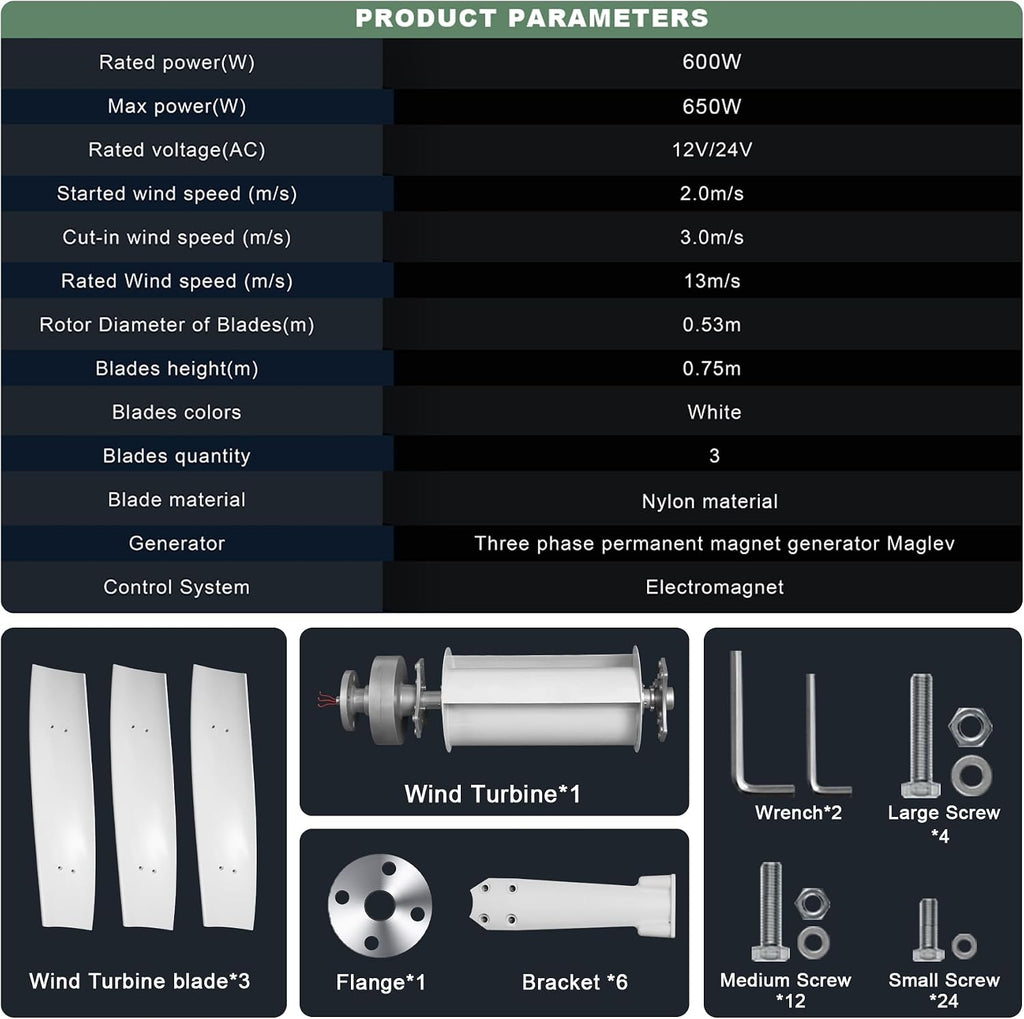 Smaraad Vertical Wind Turbine Generator Kit 600W 24V, Wind Generator Kit with Charge Controller, Wind Power Generator for Marine, RV, Home, Windmill Generator Suit for Hybrid Solar Wind System