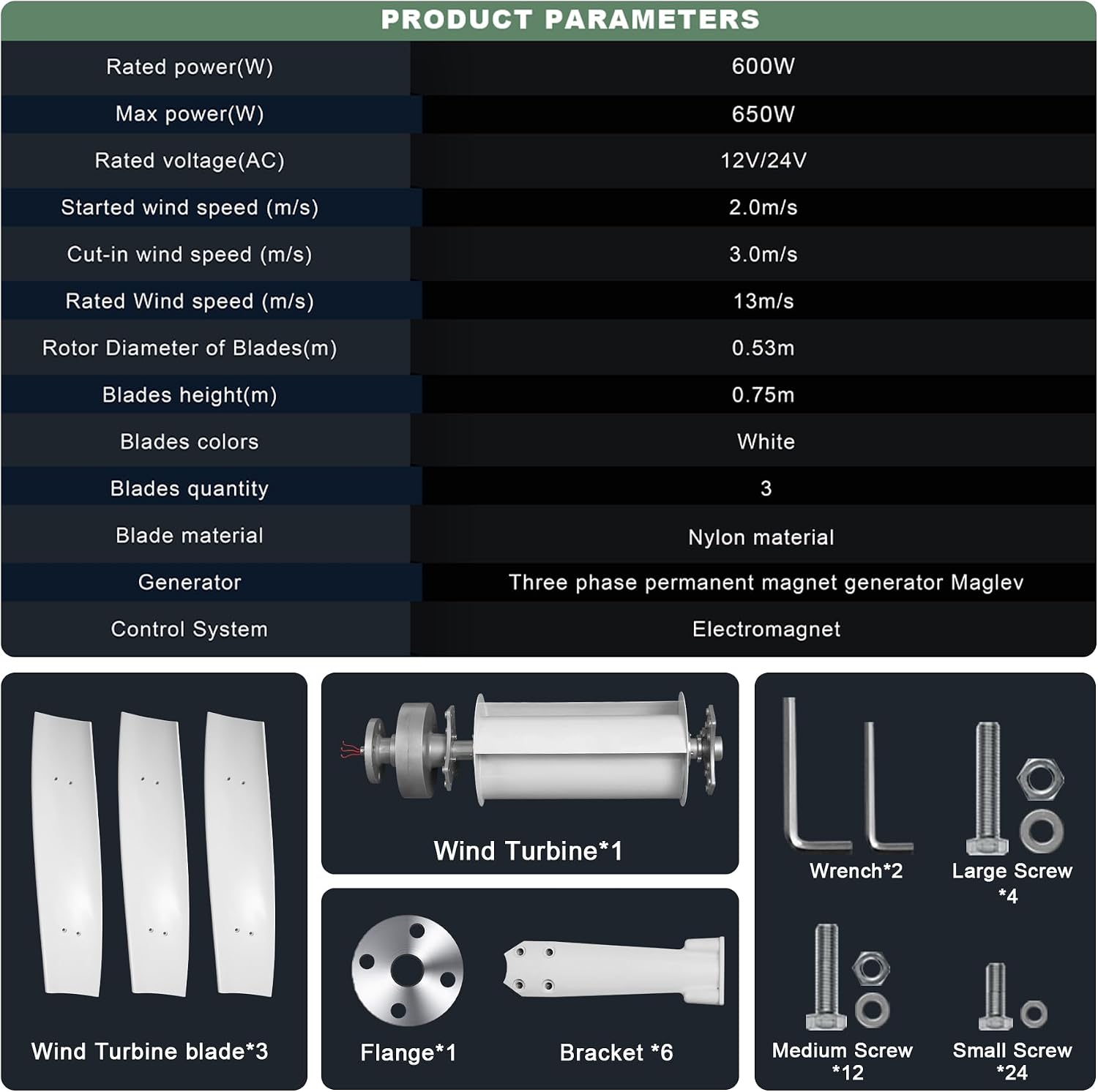 Smaraad Vertical Wind Turbine Generator Kit 600W 24V, Wind Generator Kit with Charge Controller, Wind Power Generator for Marine, RV, Home, Windmill Generator Suit for Hybrid Solar Wind System