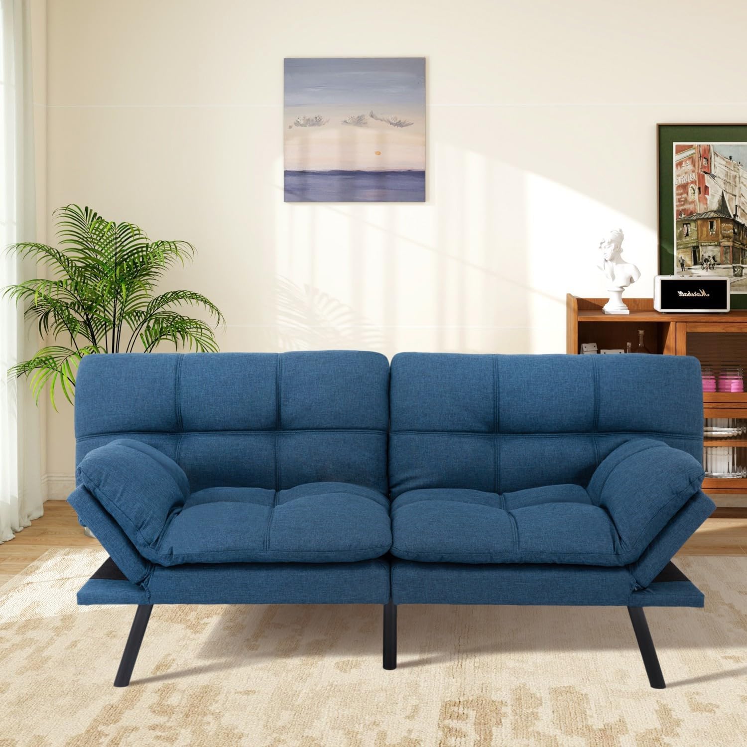 MUUEGM Futon Sofa Bed Memory Foam Navy Blue Futons Modern Office Couch Sleeper Bed Convertible Love seat Sofa for Small Spaces,Apartment,Office with Adjustable Armrest Backrest