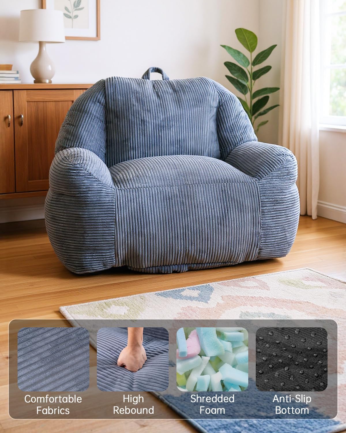 Lamerge Giant Bean Bag Chair for Adults, Oversized Faux Fur Fluffy Sofa with High-Density Memory Foam, Grey Comfy Bean Bag Couch for Reading, Gaming (46' Giant Bean Bag Chair)