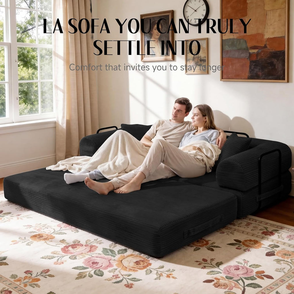 79' Corduroy Sofa Bed, Boneless Couch in a Box with 2 Pillows, High-Density Foam 4-in-1 Foldable Sleeper Futon Loveseat for Small Spaces, No Assembly,Black