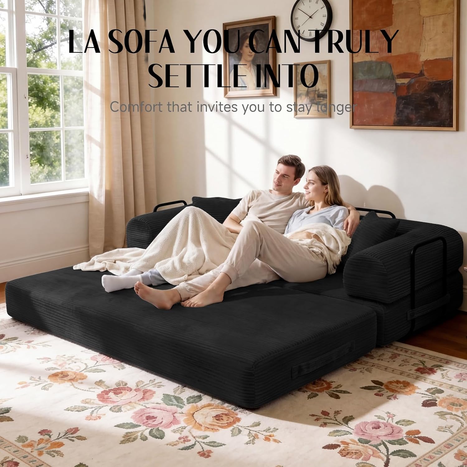 79' Corduroy Sofa Bed, Boneless Couch in a Box with 2 Pillows, High-Density Foam 4-in-1 Foldable Sleeper Futon Loveseat for Small Spaces, No Assembly,Black