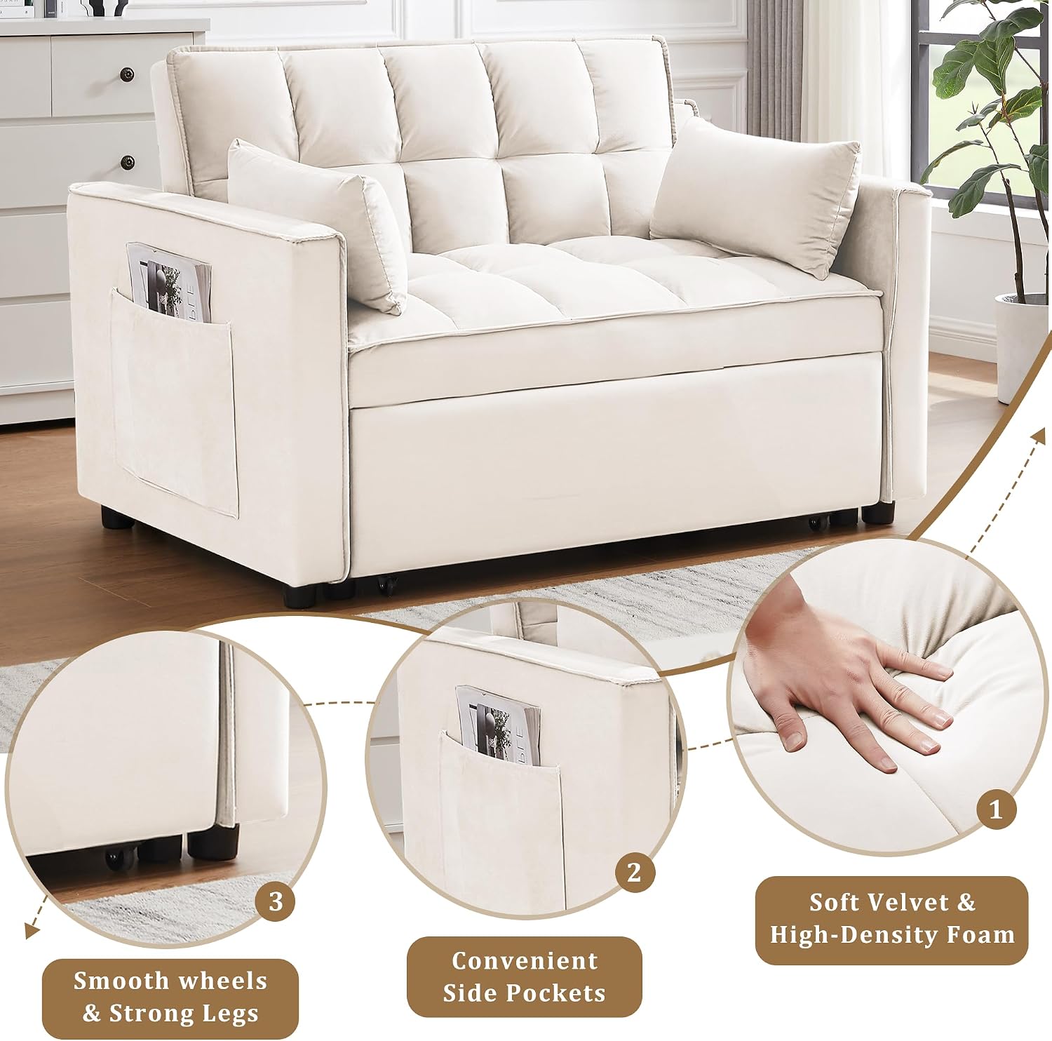 Oversized 3-in-1 Convertible Sleeper Sofa Bed, Futon Couch with Pullout Bed, 2-Seater Loveseat Sofa w/Pockets, Adjustable Backrest and Pillows for Living Room Apartment (White-55inch)