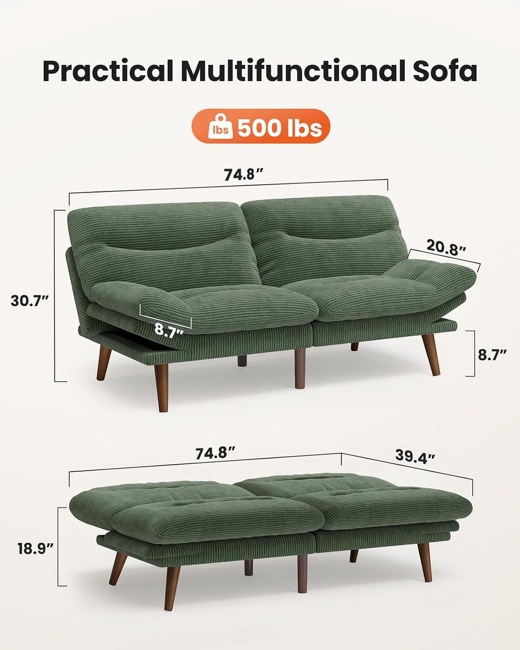 75″Futon Sofa Bed,3-in-1 Futon Couch w/Adjustable Backrest & Armrests, Convertible Sleeper Sofa Bed, Small Folding Sleeper Recliner w/Removable Cushion for Apartment, Living Room,Office (75in,Green)