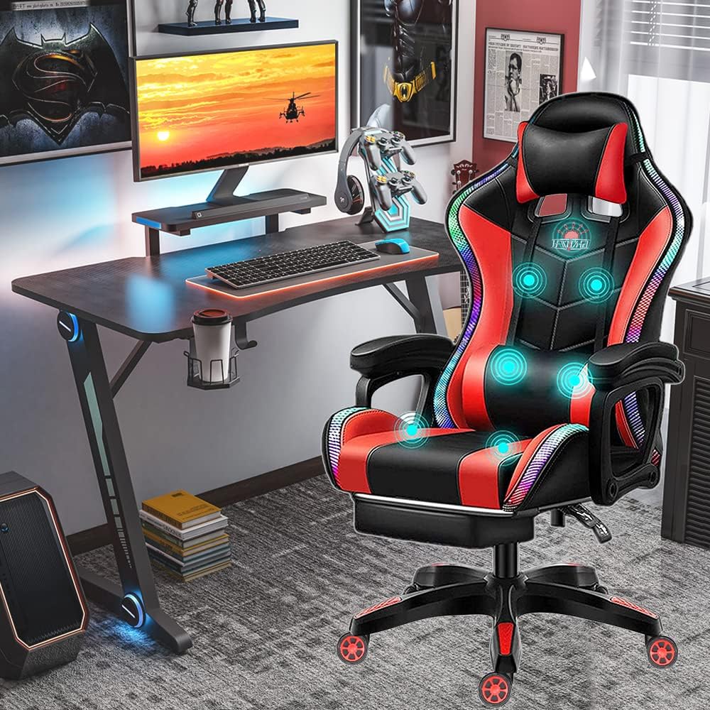Ergonomic Gaming Chair with Massage, Computer Chair with Footrest, Big and Tall Gaming Chair for Adults, Reclining Desk Gamer Chair, High Back Gaming Chair, E-Sports Gamer Chair,Red…