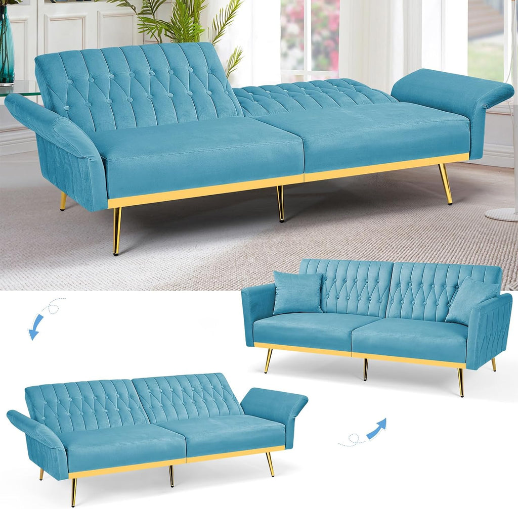 2 Pieces Velvet Sofa Set with Adjustable Armrest and Backrest, 70' Convertible Futon Sofa Bed & Mordern Accent Chair with Ottoman for Living Room, Bedroom, Baby Blue