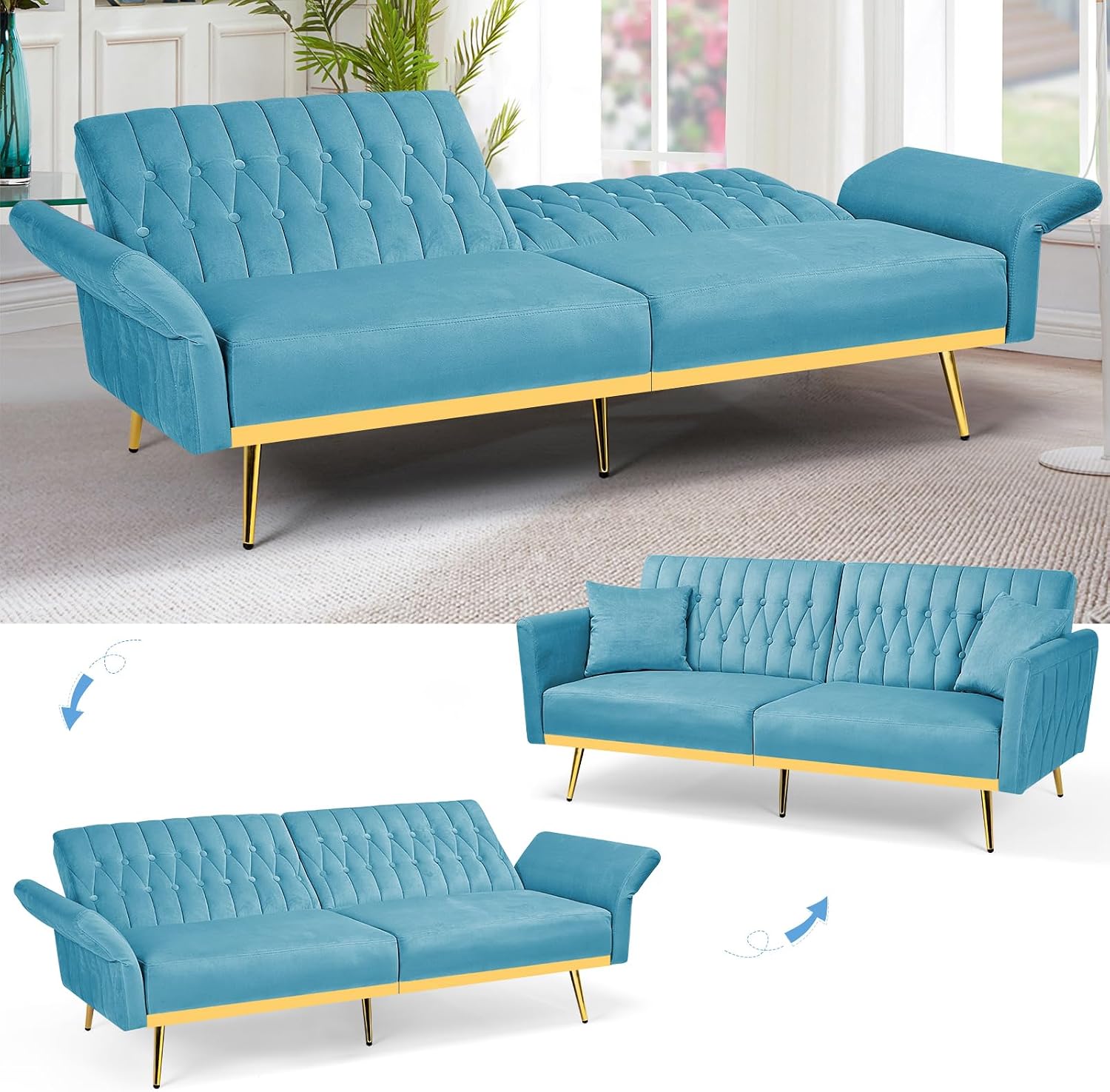 2 Pieces Velvet Sofa Set with Adjustable Armrest and Backrest, 70' Convertible Futon Sofa Bed & Mordern Accent Chair with Ottoman for Living Room, Bedroom, Baby Blue