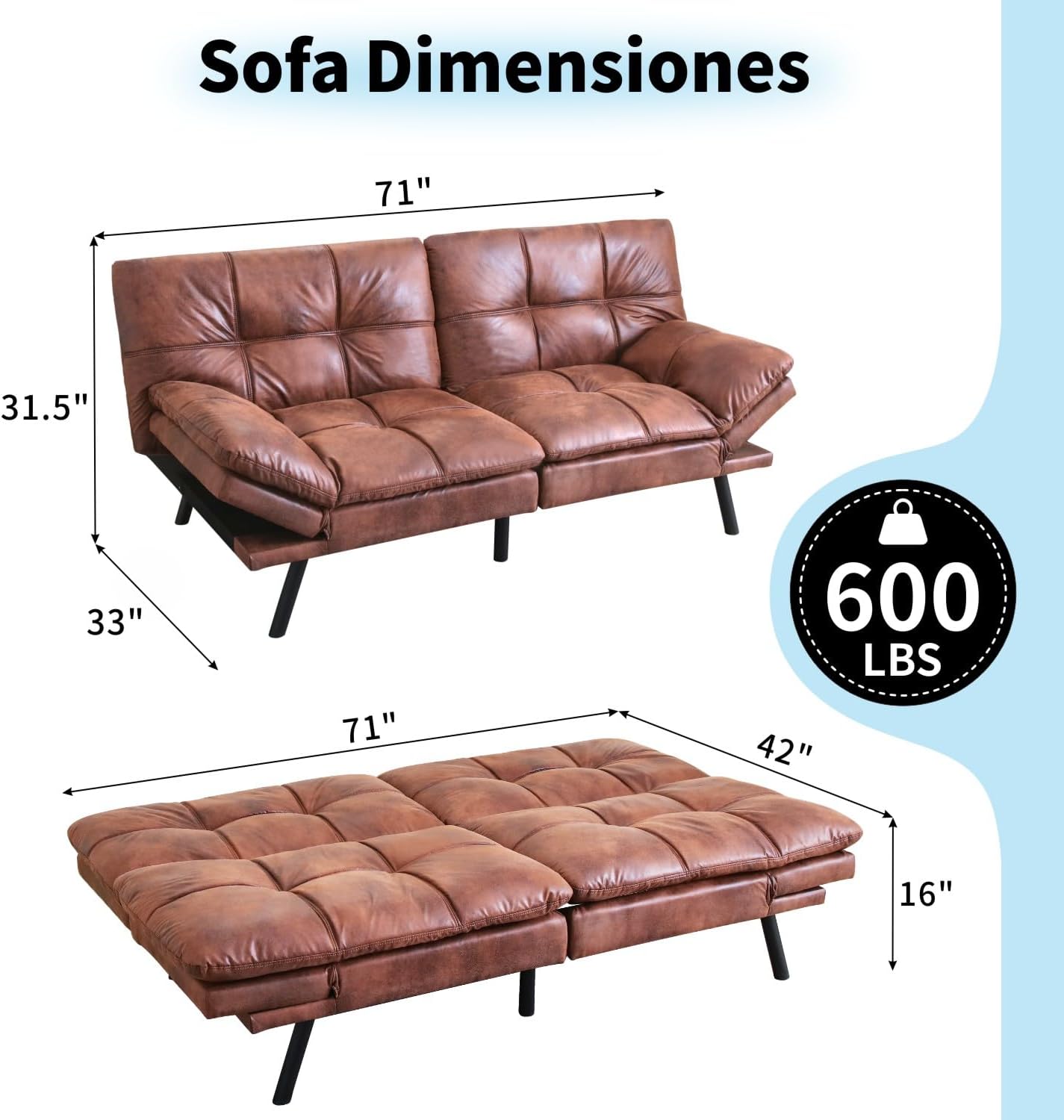 MUUEGM 71' Convertible Futon Sofa Bed, Upholstered Small Futon Couches with Adjustable Backrest, Loveseat Sleeper Bed for Compact Living Room Studio Office (Brown)