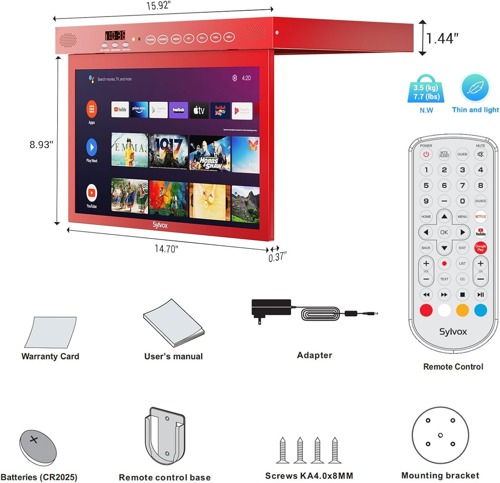 SYLVOX 15.6' Under Cabinet Smart TV – 360° Rotation, 90° Flip-Down Screen, Wireless Connectivity, Space-Saving Design for Kitchen, Bedroom, or RV. (Crimson)