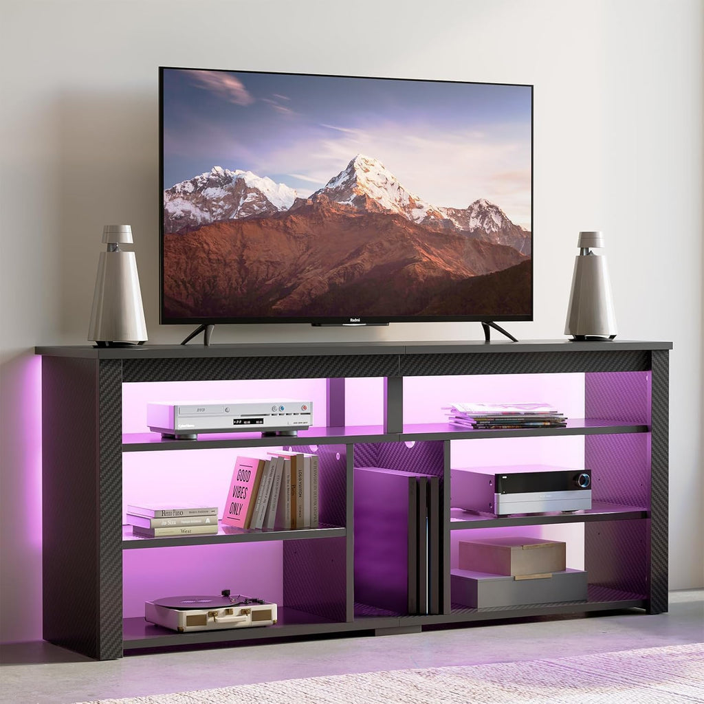 Bestier LED Tall TV Stand, Entertainment Center for 55/60/65 Inch TV, Gaming TV Console with Storage for PS4, Adjustable Shelf TV Cabinet for Living Room Bedroom, Carbon Fiber Black