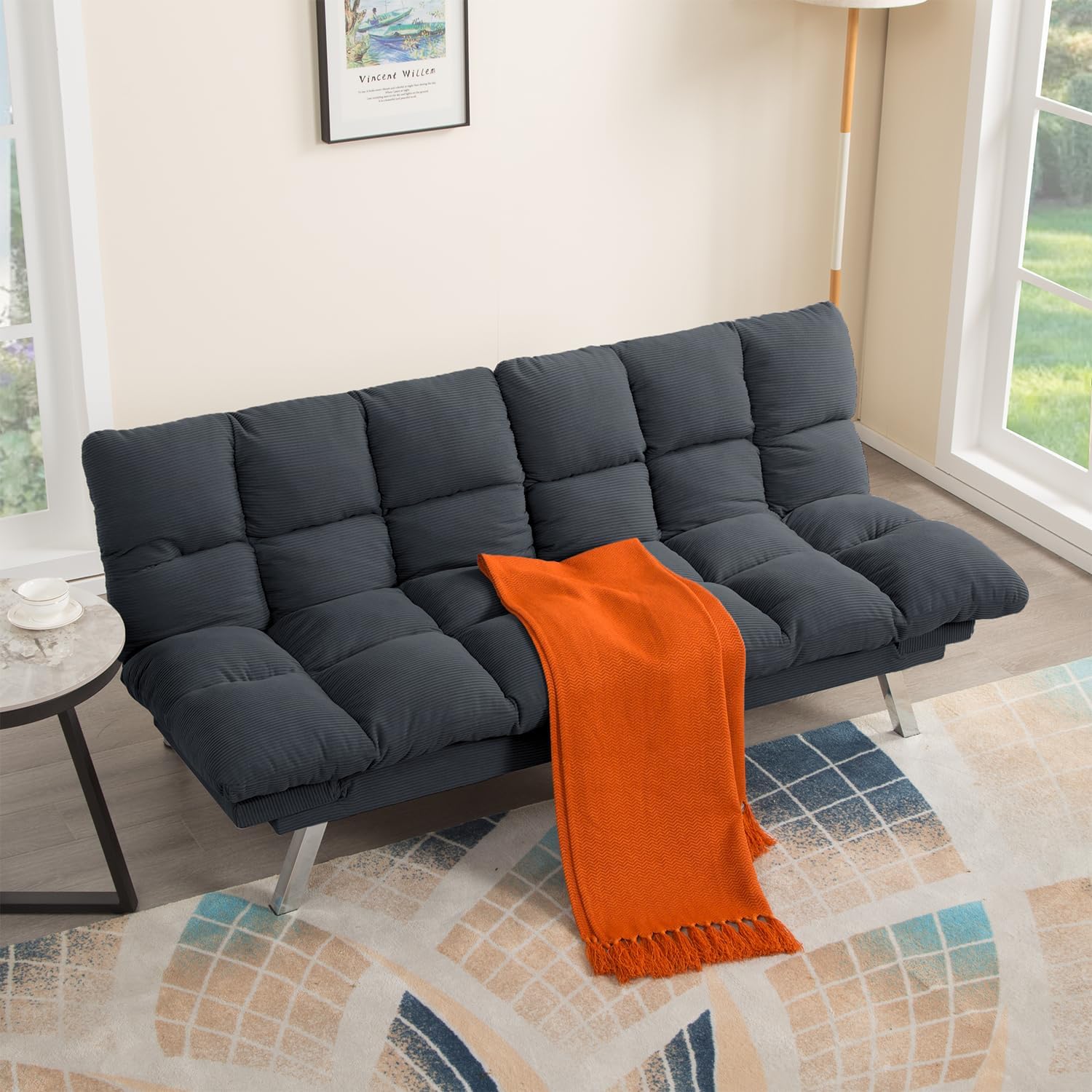 Modern Corduroy Convertible Folding Futon Couch Sofa Bed Adjustable Pillow Top Arm Memory Foam Couch Double Loveseat Sofa for Compact Living Space,Dorm,Game Studio,Apartment,Bedroom (Dark Gray)
