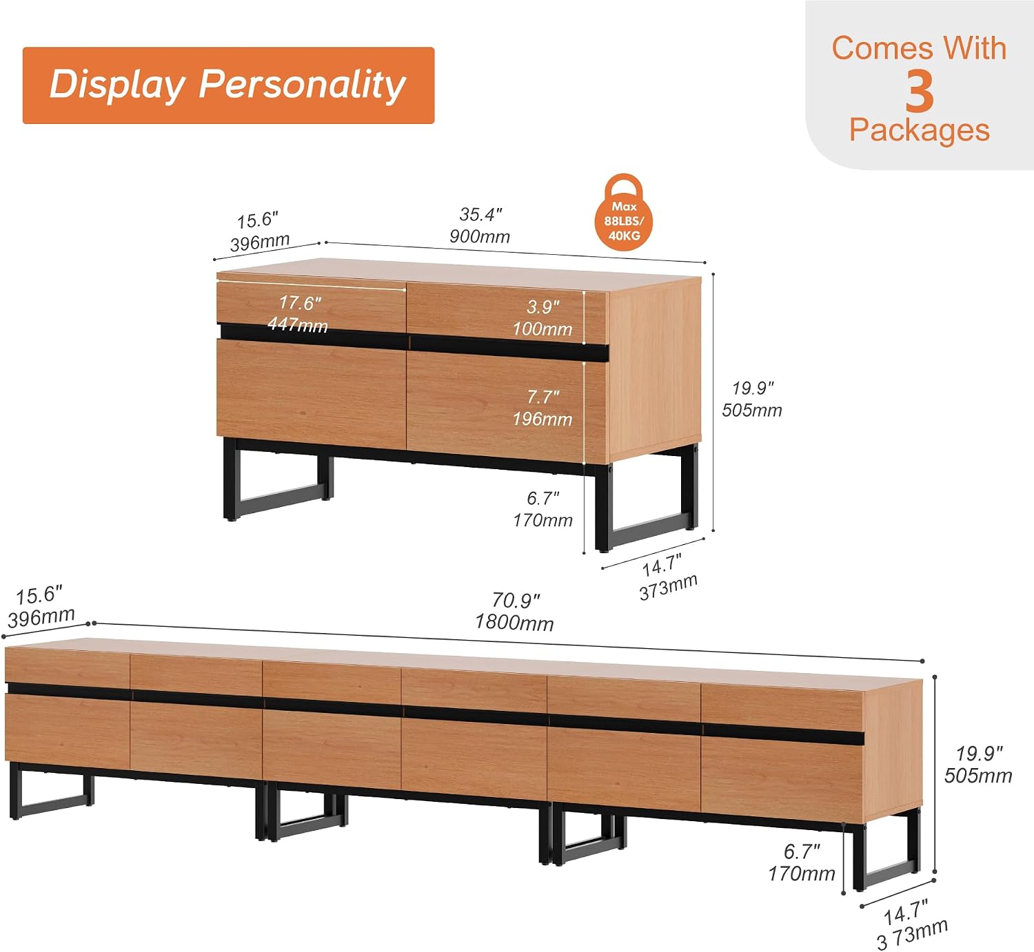 WAMPAT Modern TV Stand for 32-110 Inch TVs, Wood Entertainment Center with Metal Base Storage Cabinets, Media TV Console for Living Room, Mocha, 3Pcs