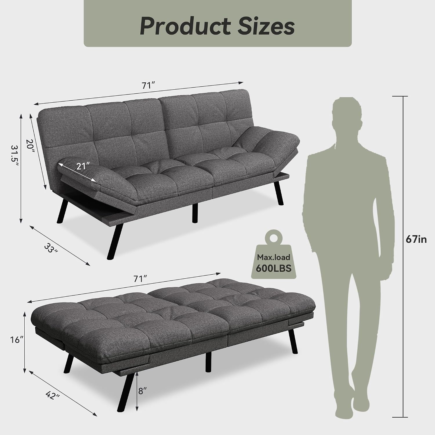 Convertible Futon Sofa Bed,71' Memory Foam Futon Couch,Detachable Cushion,Adjustable Backrest & Armrest,Linen Modern Loveseat Sleeper Recliner for Living Room,Office,Apartment,Mist Grey