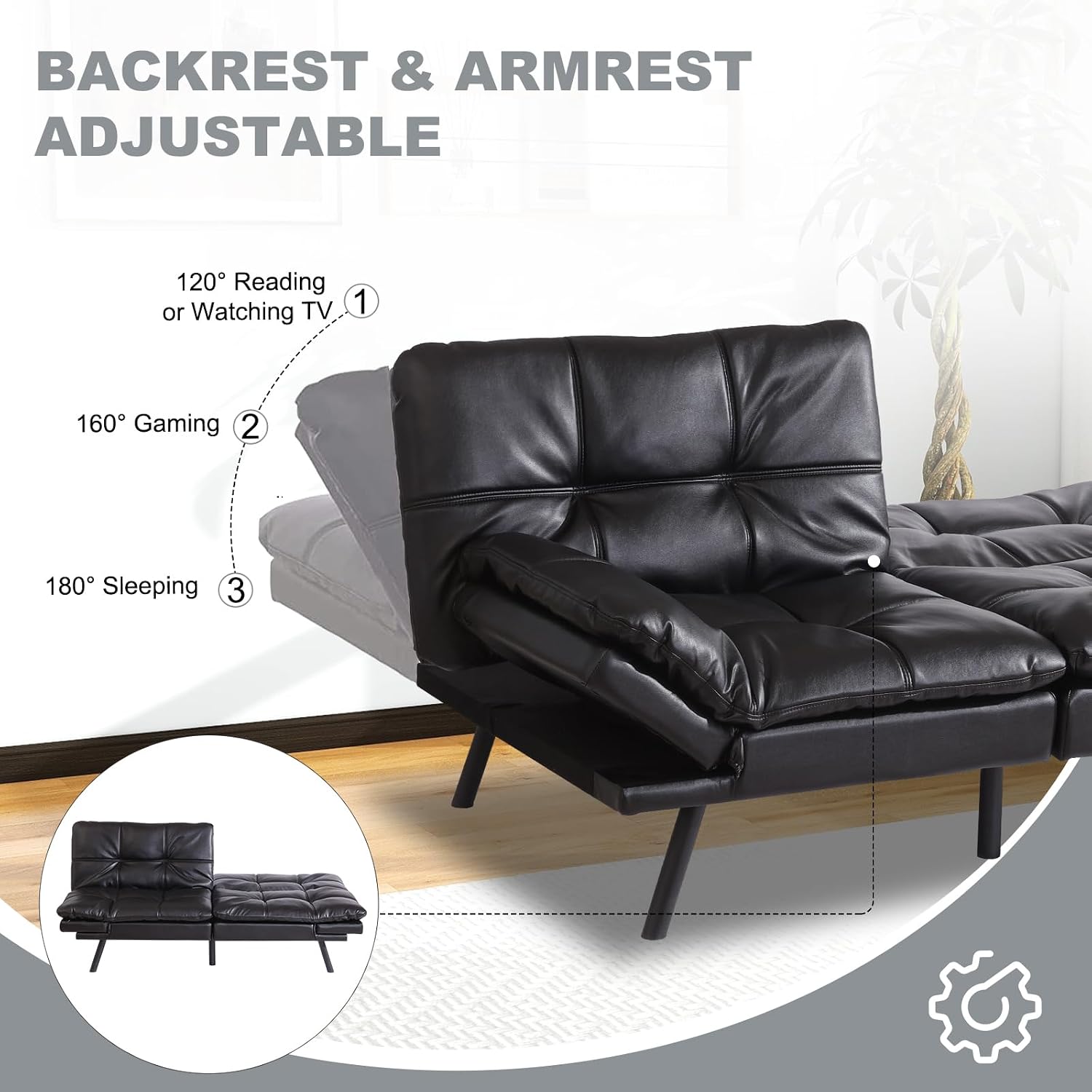 MUUEGM Futon Sofa Bed Convertible Couch,Memory Foam Futon Sofa Couch,Sleeper Futons Sofa Couches,Small Splitback Modern Loveseat Sofa Bed for Living Room,Office,Apartment,Faux Leather,Black.