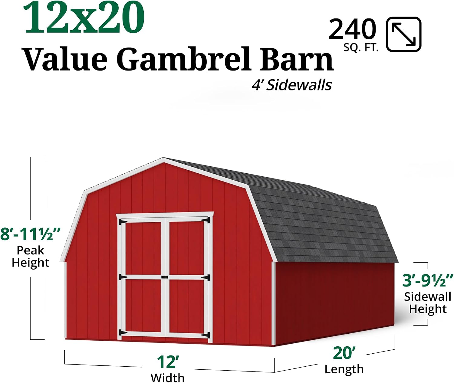 Little Cottage Co. 12x20 Value Gambrel Barn with 4 ft. Sidewalls with Floor, Outdoor Wood Storage Shed Do-It-Yourself Precut Kit