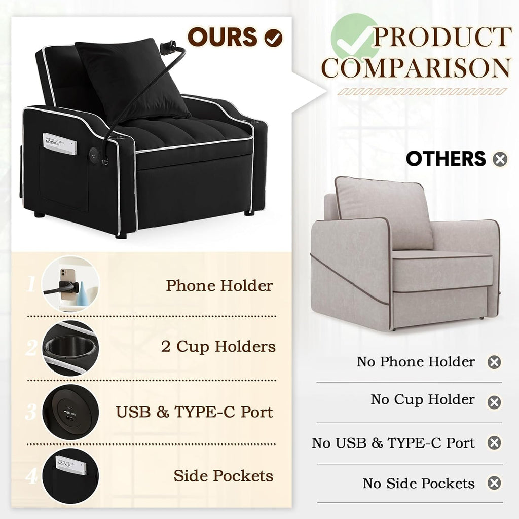 3-in-1 Convertible Sleeper Sofa Bed Chair with Cup Holders & Phone Holder, Futon Chair Bed with Pull Out Couch Adjustable Backrest, Modern Velvet Chaise Lounge for Living Room Bedroom (Black, 35.43')