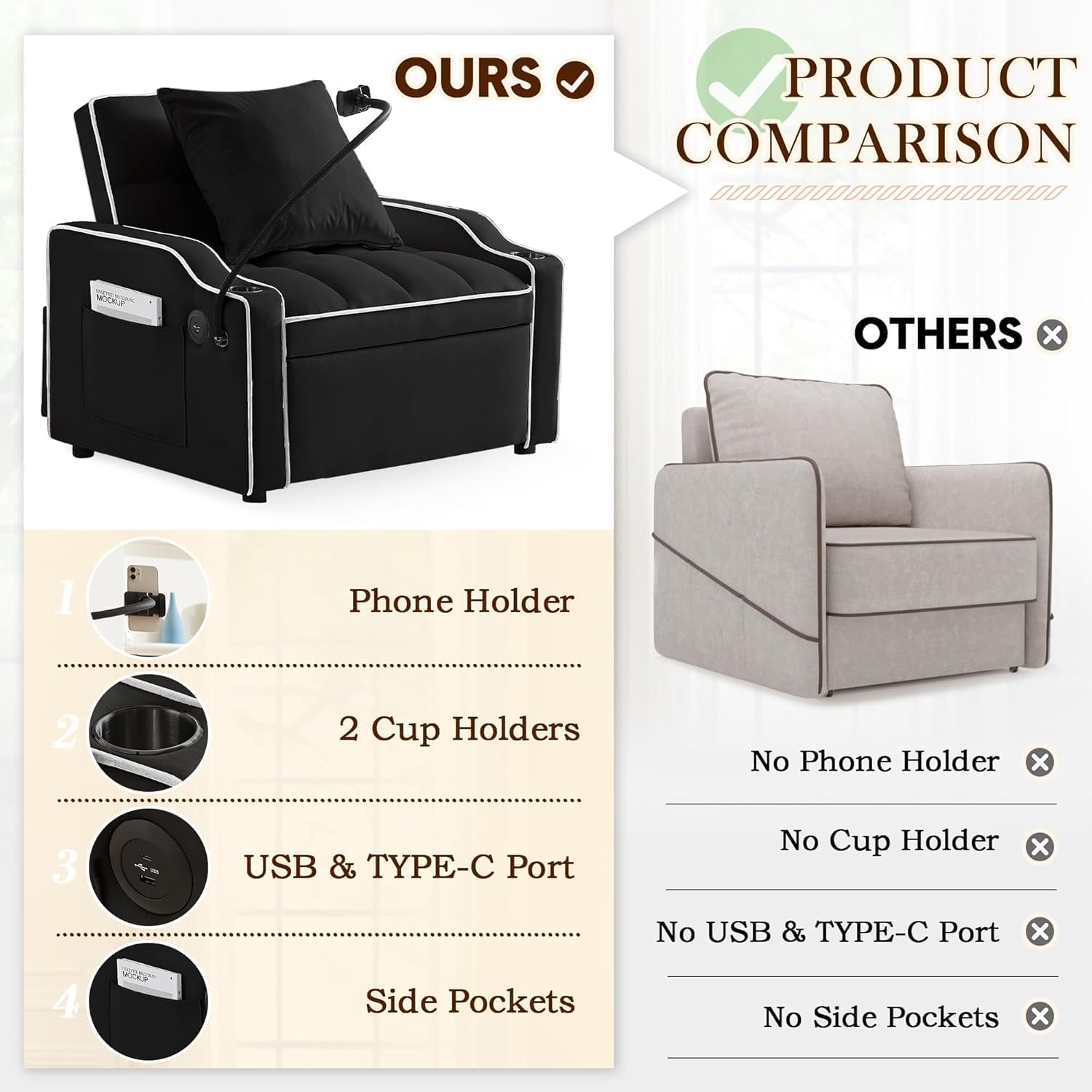 3-in-1 Convertible Sleeper Sofa Bed Chair with Cup Holders & Phone Holder, Futon Chair Bed with Pull Out Couch Adjustable Backrest, Modern Velvet Chaise Lounge for Living Room Bedroom (Black, 35.43')