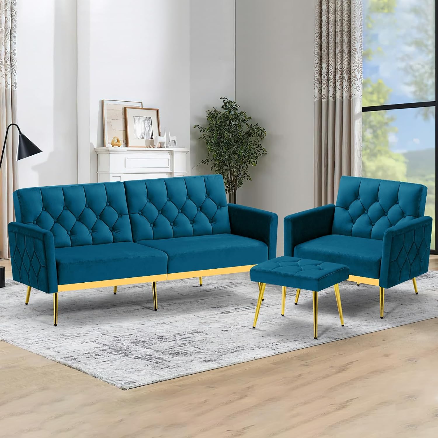 2 Pieces Velvet Sofa Set w/Adjustable Armrests and Backrests, Tufted Accent Chair w/Ottoman, Convertible Futon Sofa Bed for Bedroom, Living Room, Apartment, Teal