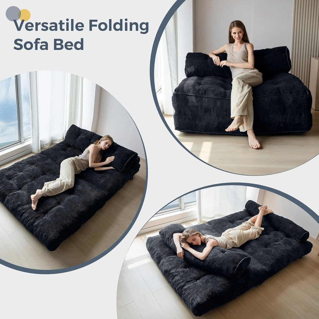 MAXYOYO Folding Sofa Bed, Convertible Sleeper Chair with Pillow Foldable Mattress with Back Support, Portable Fold Out Chair Bed Comfy Floor Sofa Lounge for Living Room Bedroom, Black Double