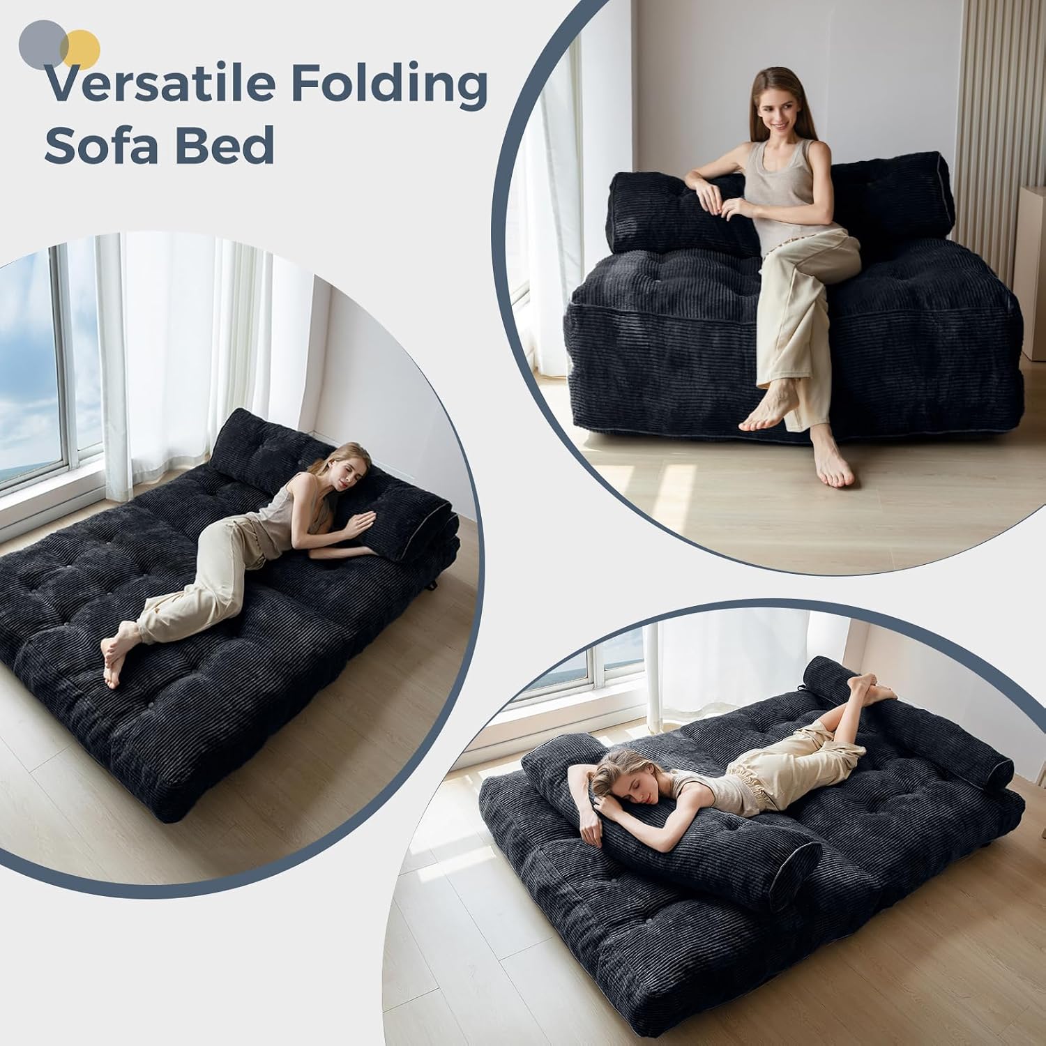 MAXYOYO Folding Sofa Bed, Convertible Sleeper Chair with Pillow Foldable Mattress with Back Support, Portable Fold Out Chair Bed Comfy Floor Sofa Lounge for Living Room Bedroom, Black Double