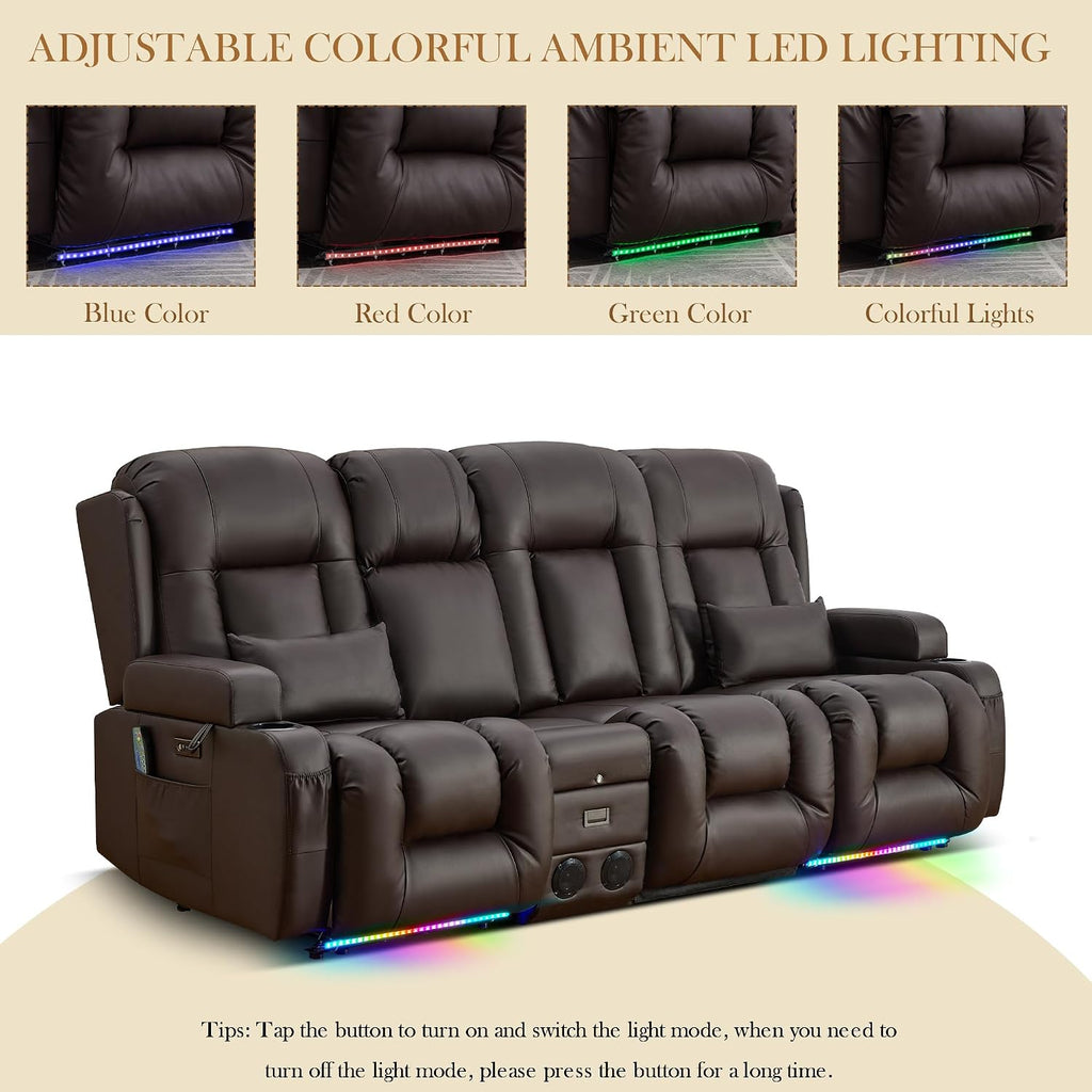 TUNYI Power Loveseat Recliner Sofa with Massage & Heat Home Theater Seating with Console RV Recliner Loveseat Sofa with USB/Storage/Side Pocket/LED Light/Speaker (Brown, 3 Seat with Console)
